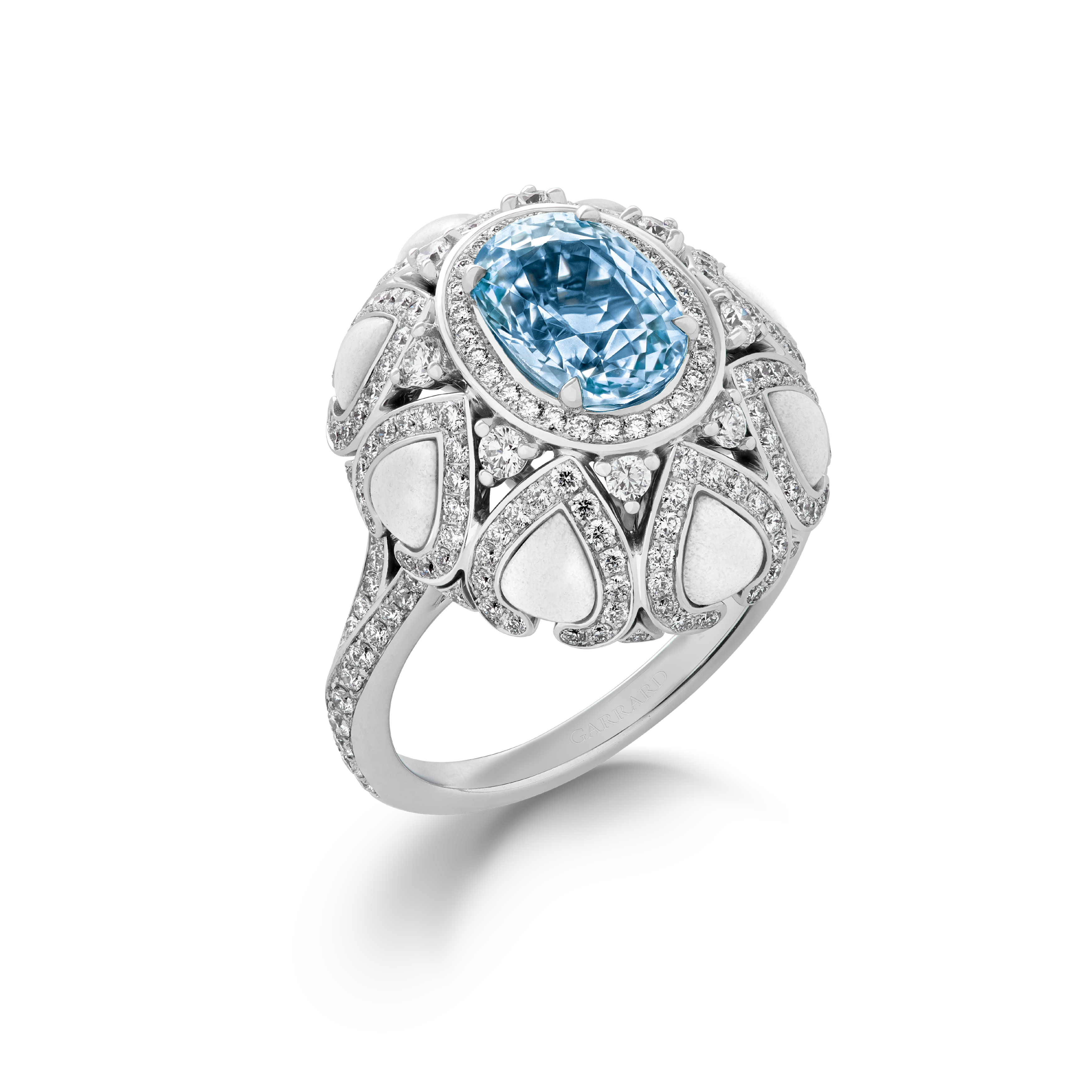 Garrard Aloria jewellery collection Aquamarine Cocktail Ring In 18ct White Gold with Diamonds and Cacholong Opal 2017454 Hero Garrard Aloria jewellery collection Aquamarine Cocktail Ring In 18ct White Gold with Diamonds and Cacholong Opal 2017454 Hero