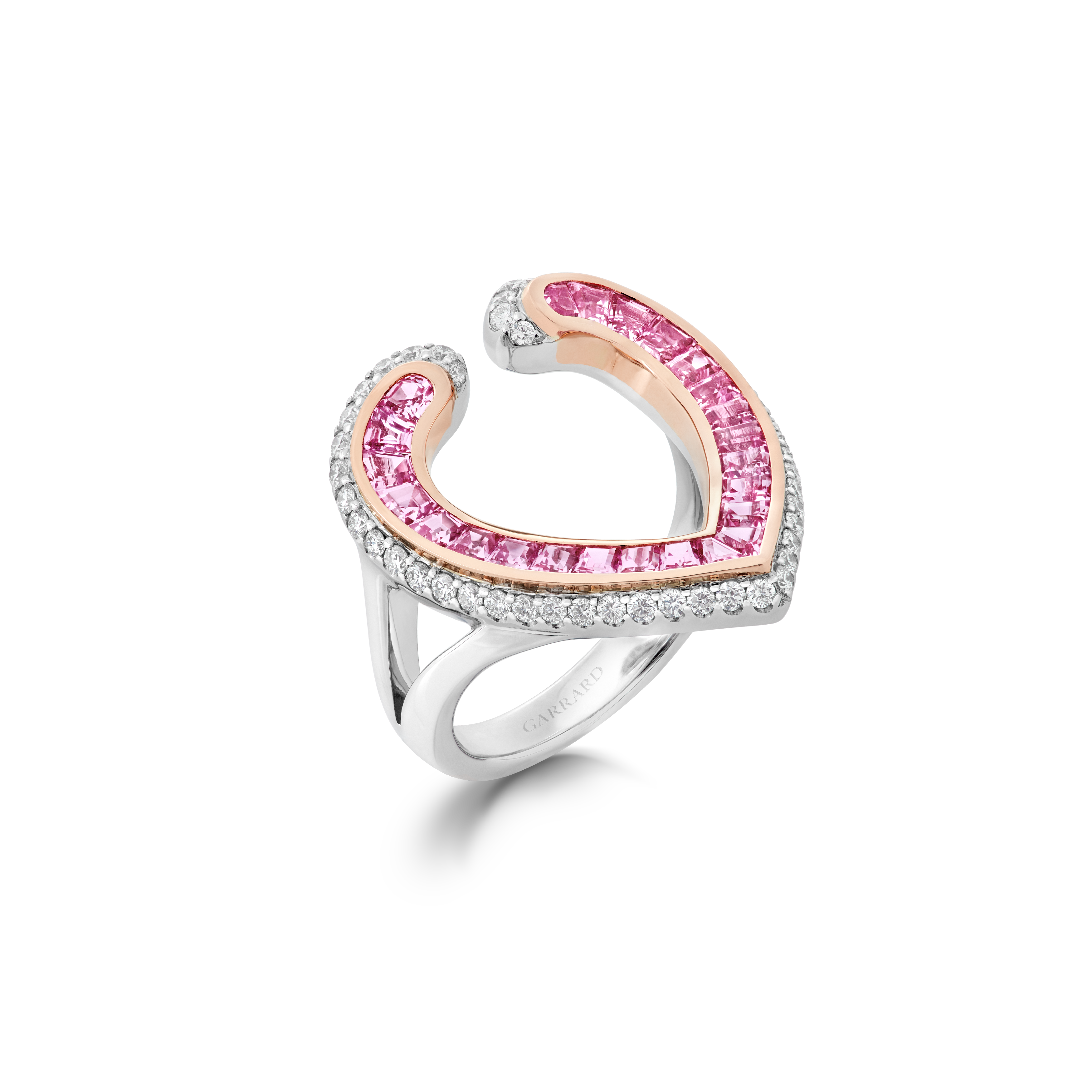 Garrard Aloria jewellery collection Calibre cut pink sapphire ring in 18ct rose gold with diamonds 2017069 Hero View Garrard Aloria jewellery collection Calibre cut pink sapphire ring in 18ct rose gold with diamonds 2017069 Hero View