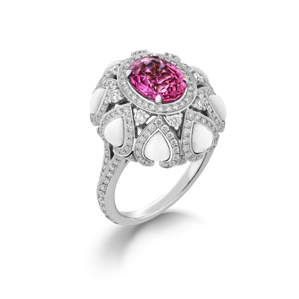 Garrard Aloria jewellery collection Pink Sapphire Cocktail Ring In 18ct White Gold with Diamonds and Cacholong Opal 2017466 Hero