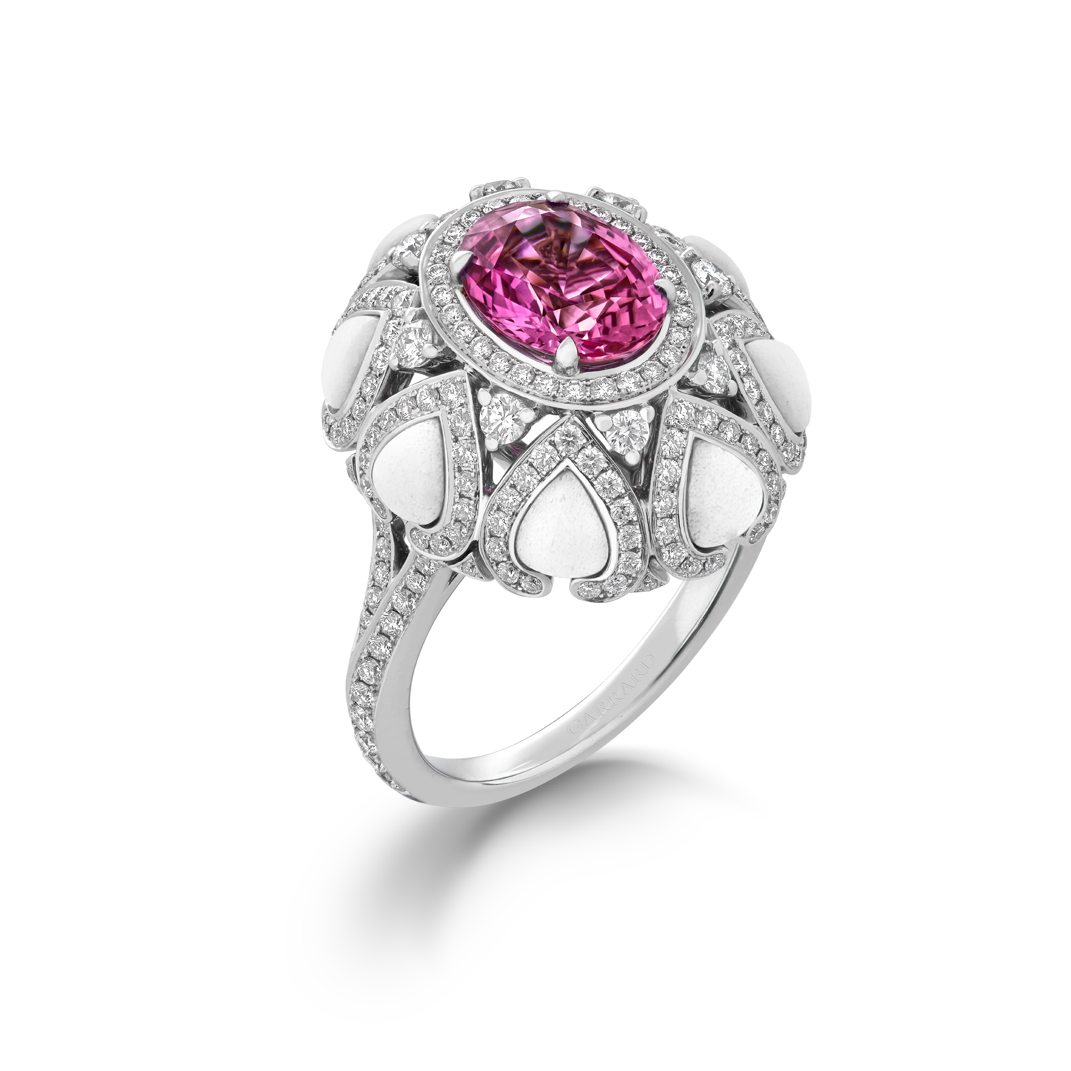 Garrard Aloria jewellery collection Pink Sapphire Cocktail Ring In 18ct White Gold with Diamonds and Cacholong Opal 2017466 Hero Garrard Aloria jewellery collection Pink Sapphire Cocktail Ring In 18ct White Gold with Diamonds and Cacholong Opal 2017466 Hero