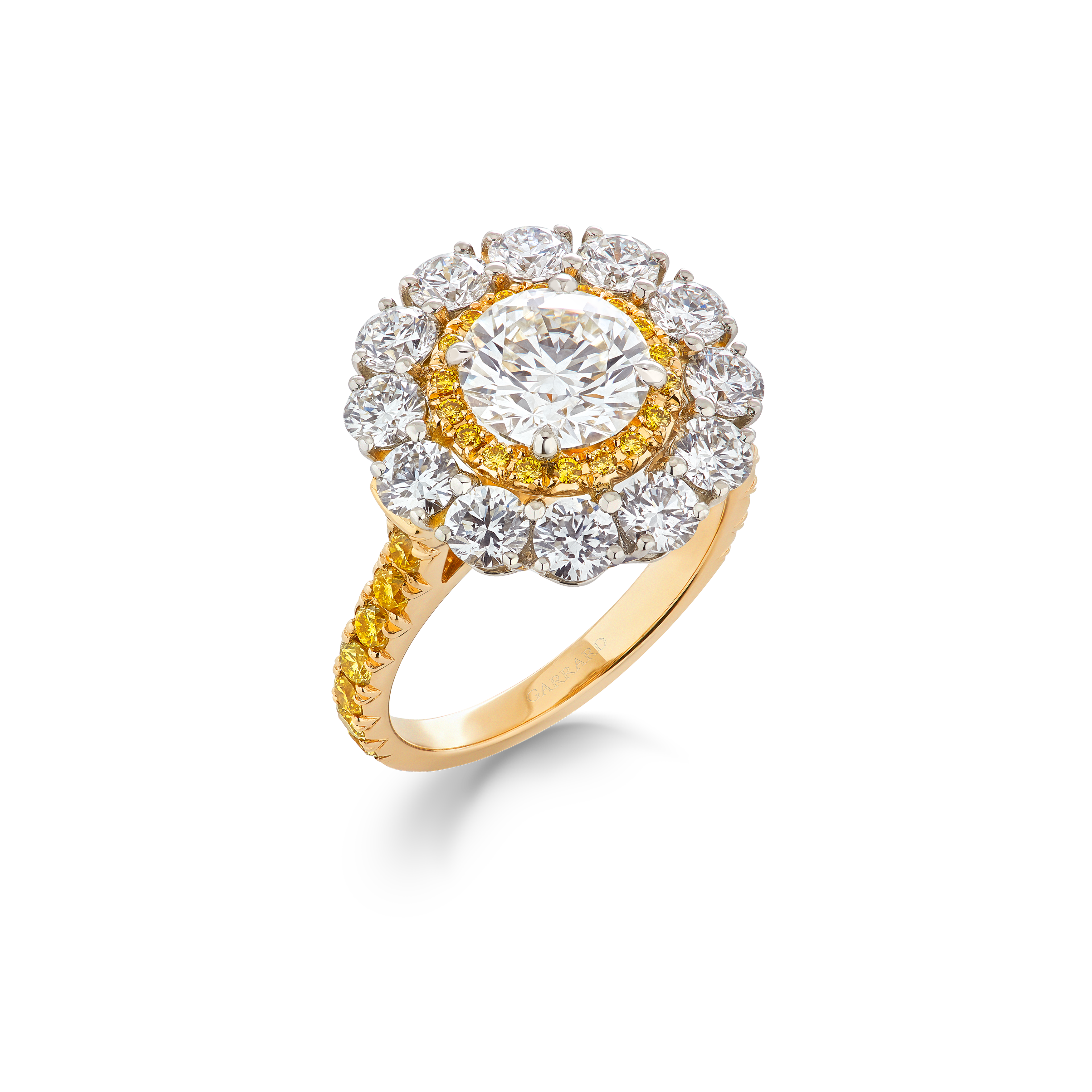 Garrard Bridal Harmony Round Diamond Double Cluster Engagement Ring In 18 ct Yellow Gold JRHAMG01 2017568 Garrard Bridal Harmony Round Diamond Double Cluster Engagement Ring In 18 ct Yellow Gold JRHAMG01 2017568
