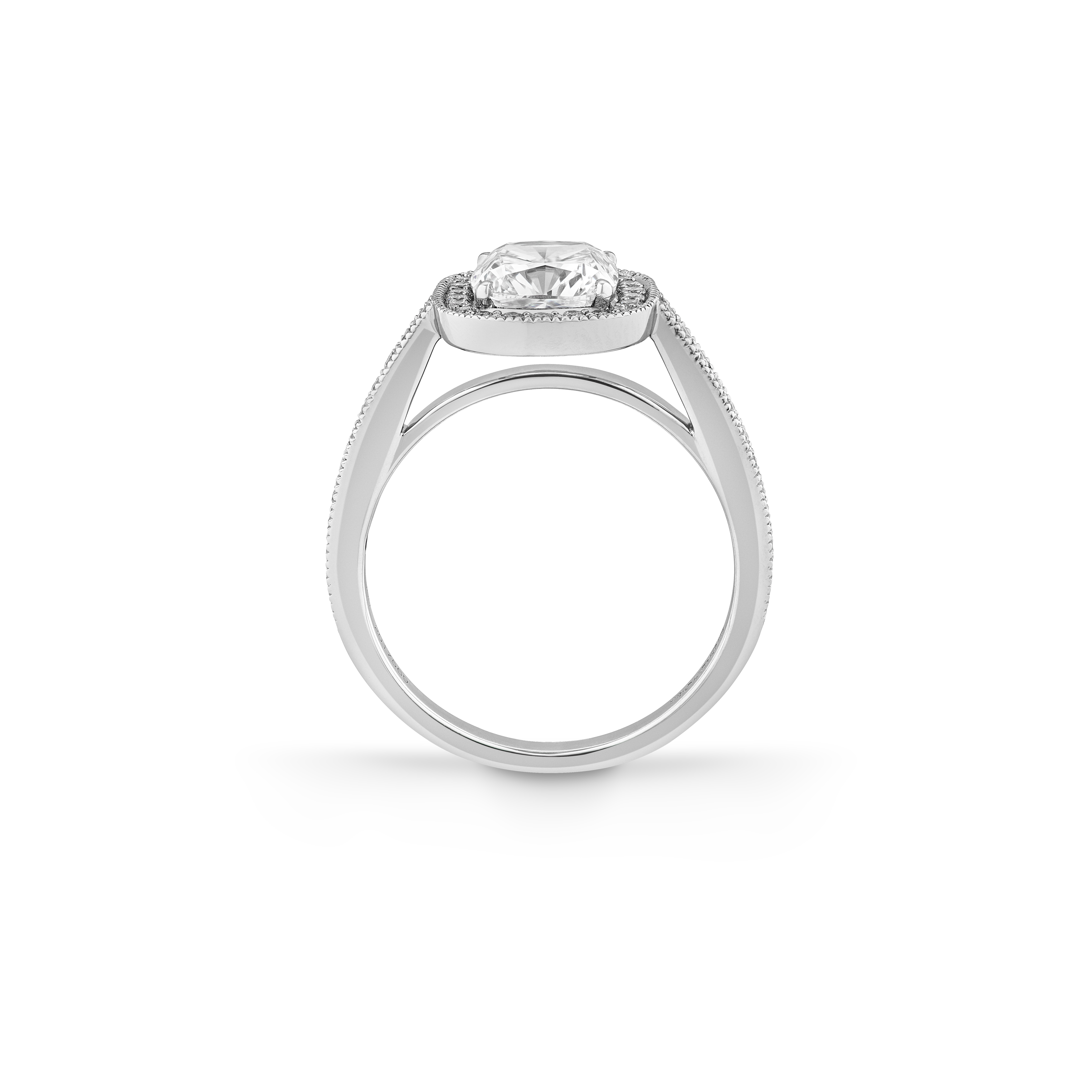 Garrard Bridal collection Evermore Cushion Cut Diamond Halo Engagement Ring In Platinum with Diamonds JREVPT01 2017569 Side Garrard Bridal collection Evermore Cushion Cut Diamond Halo Engagement Ring In Platinum with Diamonds JREVPT01 2017569 Side