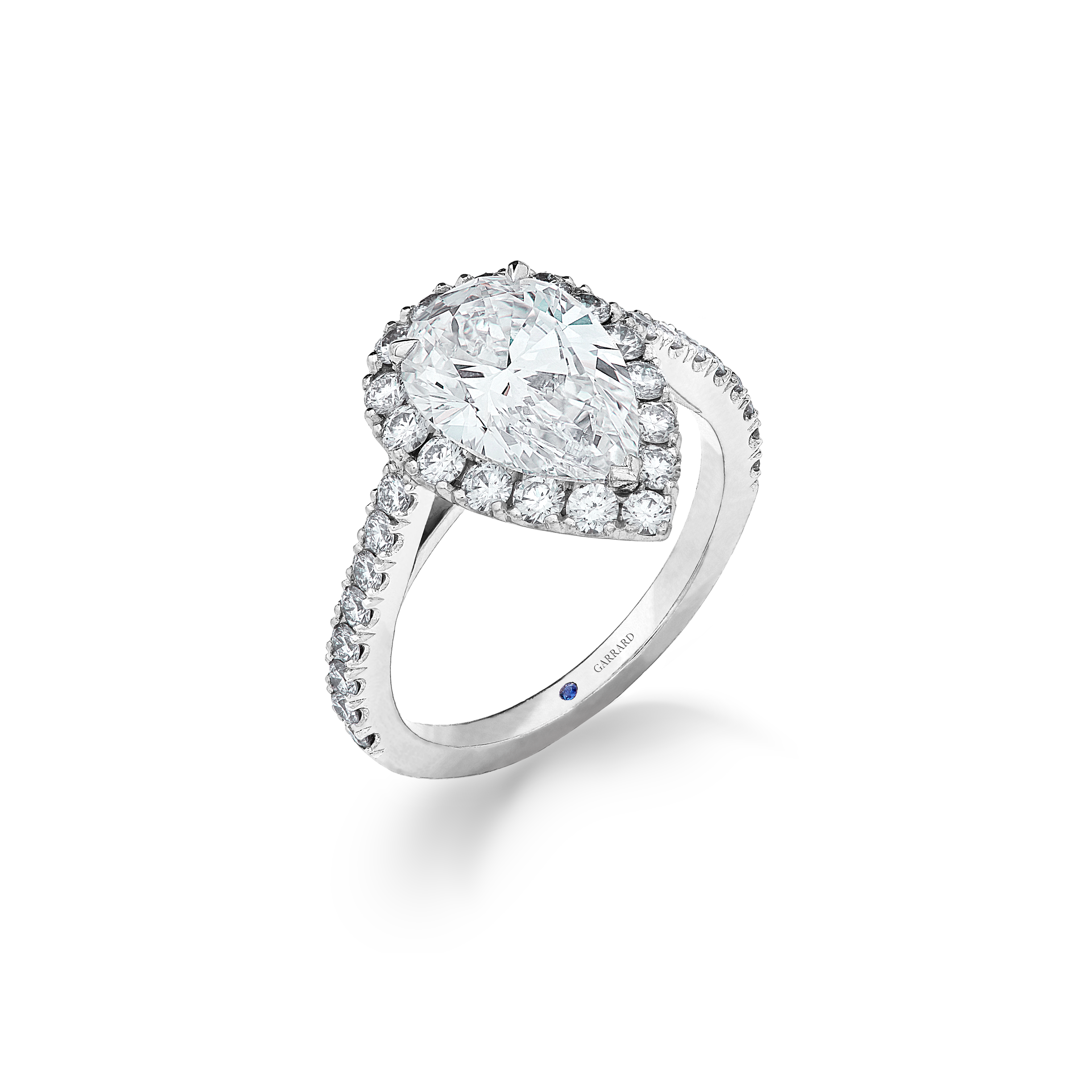 Garrard Bridal collection Evermore Pear Shape Diamond Halo Engagement Ring In Platinum with Diamonds JREVPT01 2015375 Hero 1 Garrard Bridal collection Evermore Pear Shape Diamond Halo Engagement Ring In Platinum with Diamonds JREVPT01 2015375 Hero 1