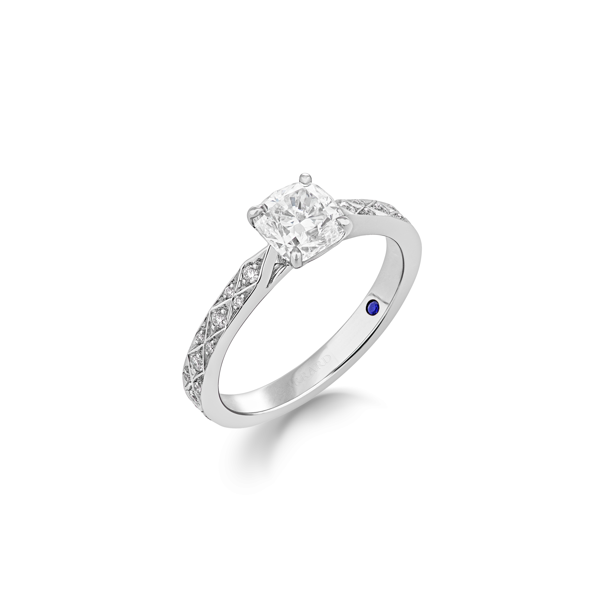 Garrard Bridal collection Signature Cushion Cut Diamond Solitaire Engagement Ring In Platinum with Diamonds JRSGPT01 2017575
