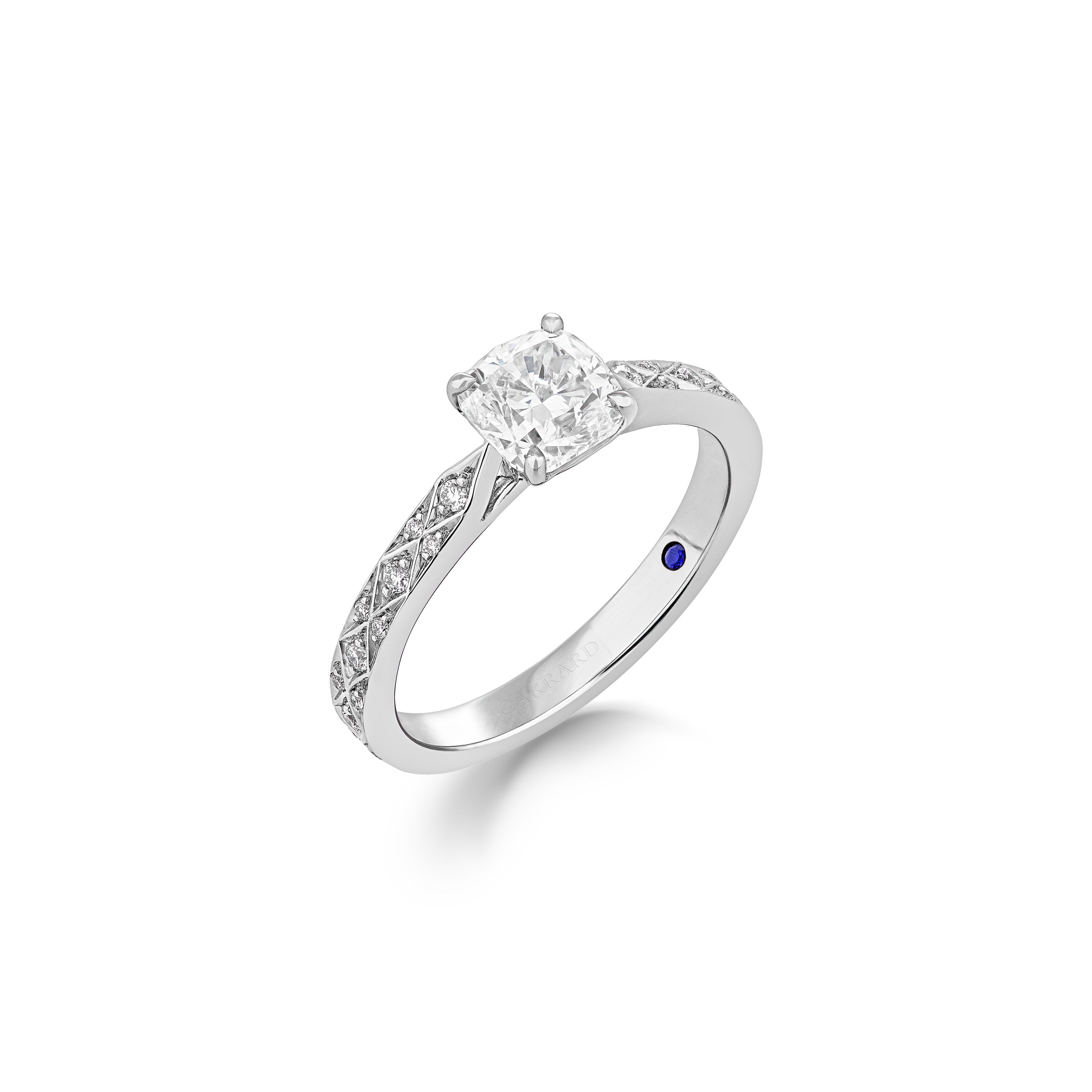 Garrard Bridal collection Signature Cushion Cut Diamond Solitaire Engagement Ring In Platinum with Diamonds JRSGPT01 2017575 Garrard Bridal collection Signature Cushion Cut Diamond Solitaire Engagement Ring In Platinum with Diamonds JRSGPT01 2017575