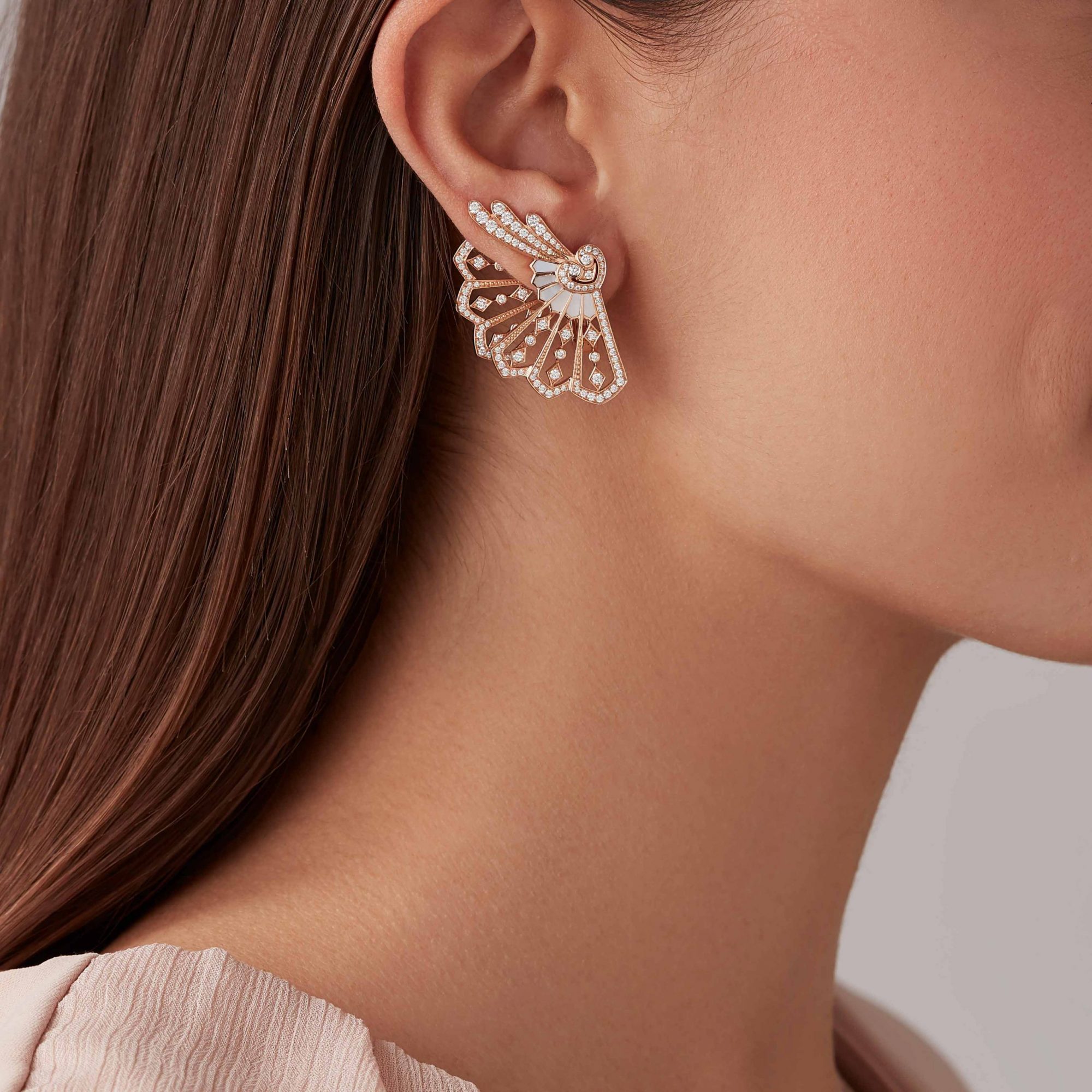 Garrard Fanfare Classic jewellery collection white diamond and mother of pearl ear climbers in 18ct rose gold 2015511 On Model