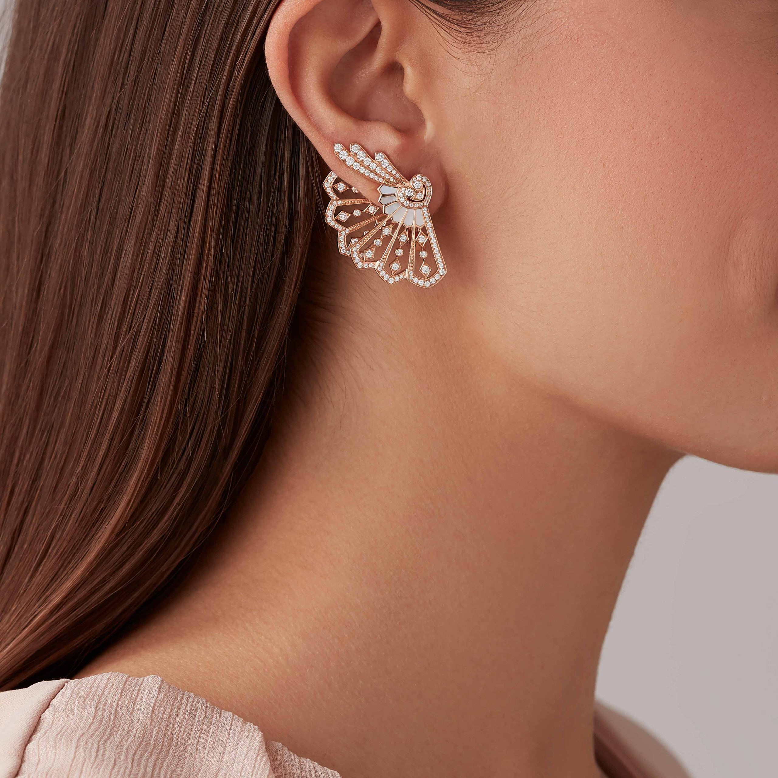 Garrard Fanfare Classic jewellery collection white diamond and mother of pearl ear climbers in 18ct rose gold 2015511 On Model Garrard Fanfare Classic jewellery collection white diamond and mother of pearl ear climbers in 18ct rose gold 2015511 On Model