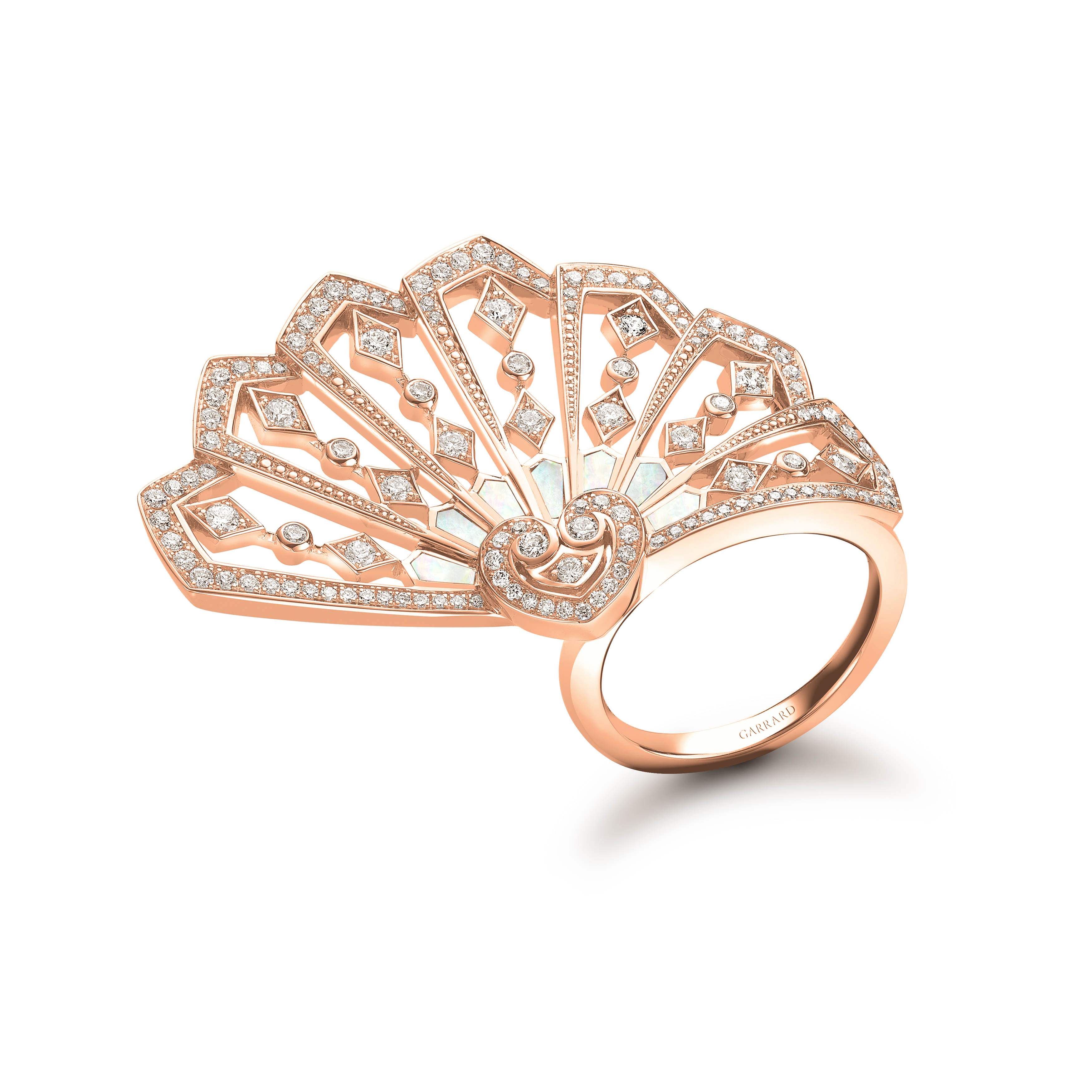 Garrard Fanfare Classic jewellery collection white diamond and mother of pearl ring in 18ct rose gold 2015512 Hero View Garrard Fanfare Classic jewellery collection white diamond and mother of pearl ring in 18ct rose gold 2015512 Hero View