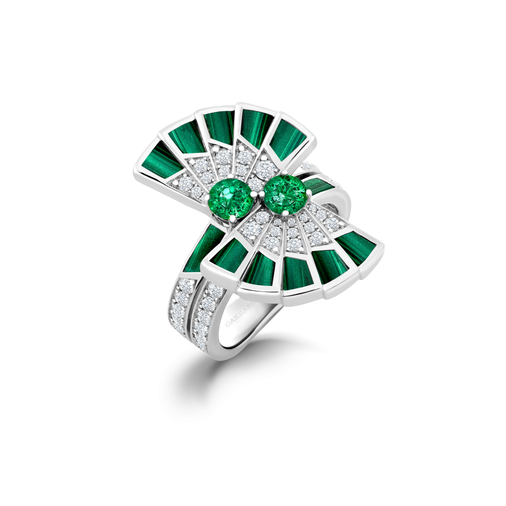 Garrard Fanfare Symphony Diamond and Emerald Ring In 18ct White Gold with Malachite 2017359 Hero View