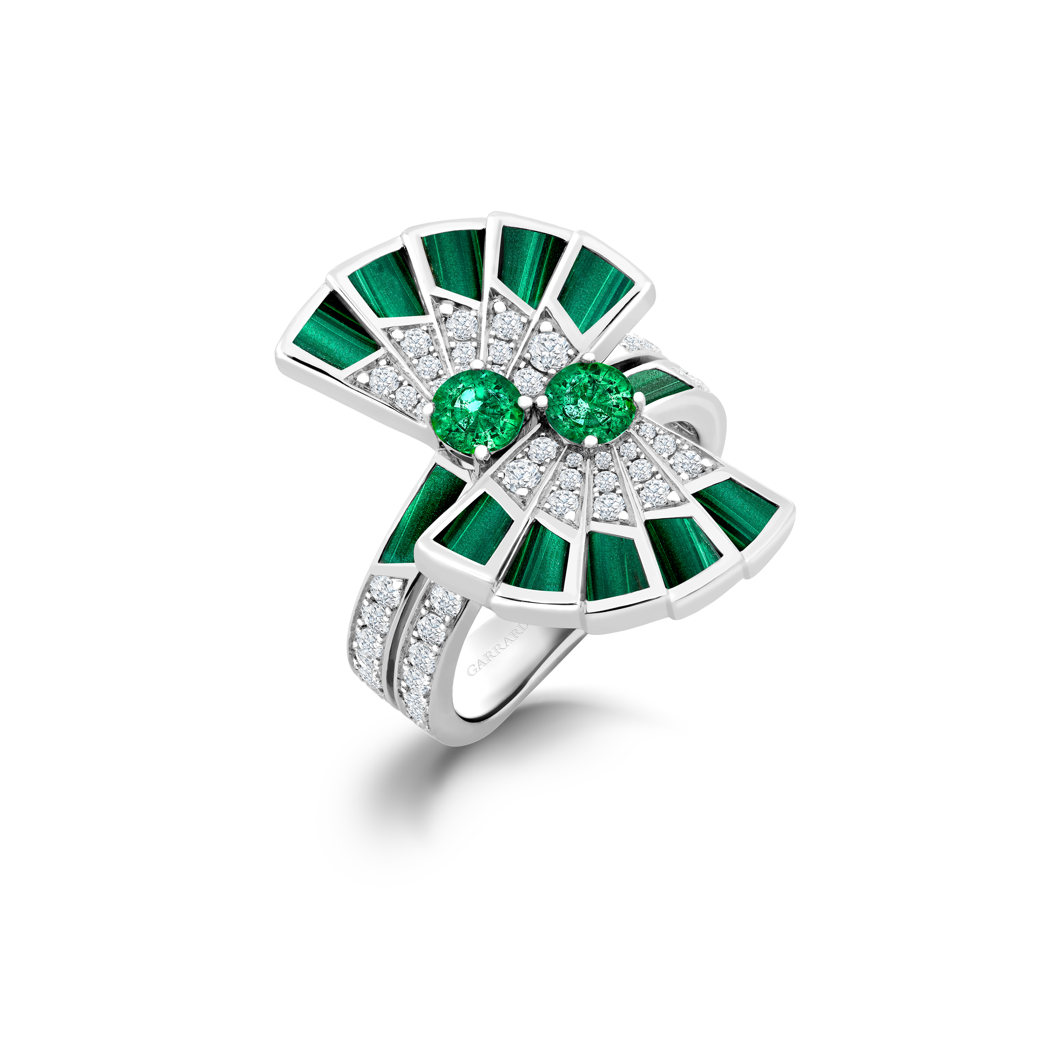 Garrard Fanfare Symphony Diamond and Emerald Ring In 18ct White Gold with Malachite 2017359 Hero View Garrard Fanfare Symphony Diamond and Emerald Ring In 18ct White Gold with Malachite 2017359 Hero View