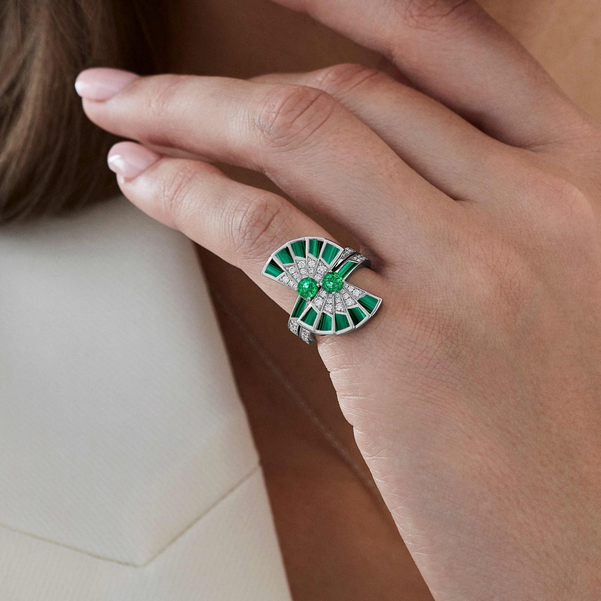 Garrard Fanfare Symphony Diamond and Emerald Ring In 18ct White Gold with Malachite 2017359 On Model