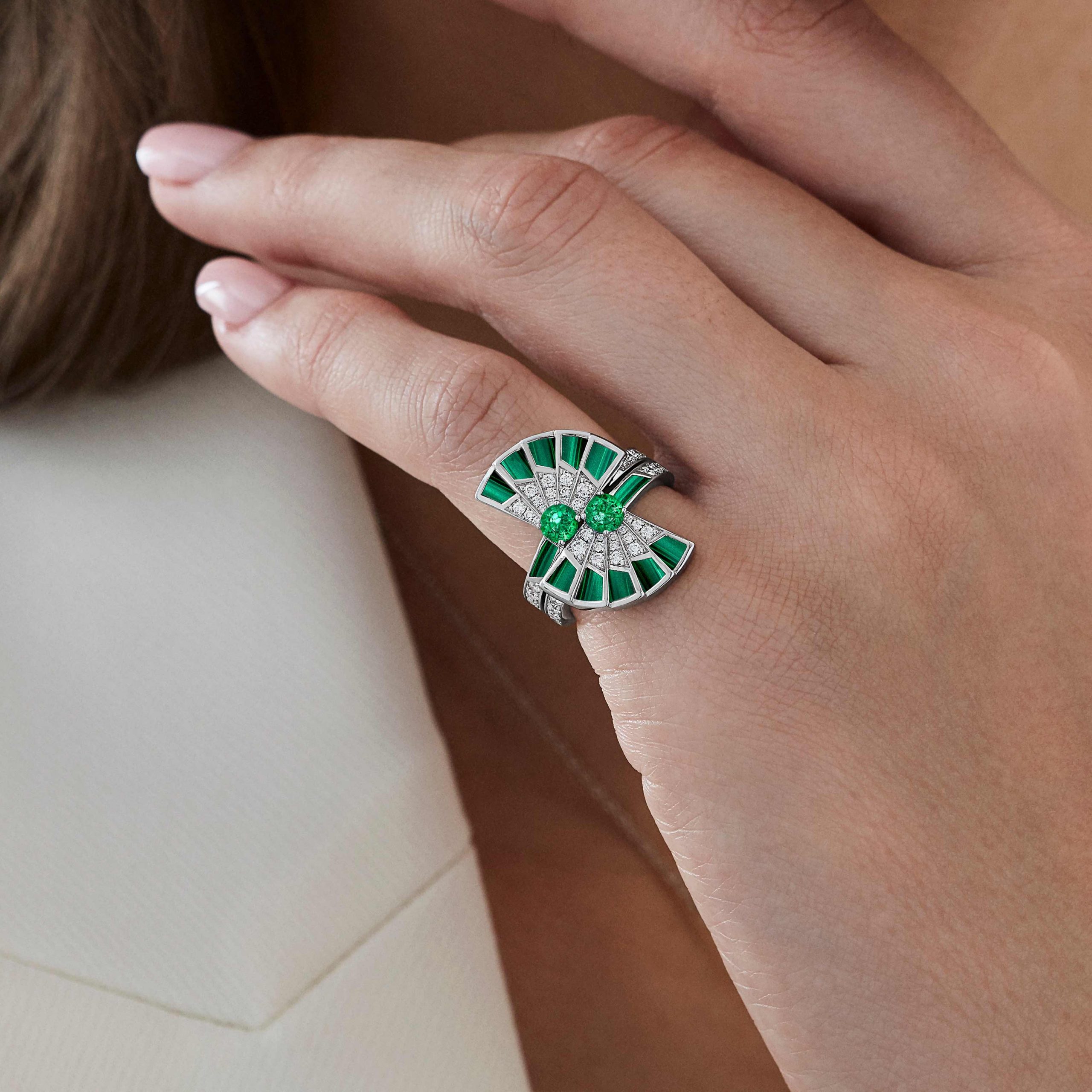 Garrard Fanfare Symphony Diamond and Emerald Ring In 18ct White Gold with Malachite 2017359 On Model Garrard Fanfare Symphony Diamond and Emerald Ring In 18ct White Gold with Malachite 2017359 On Model
