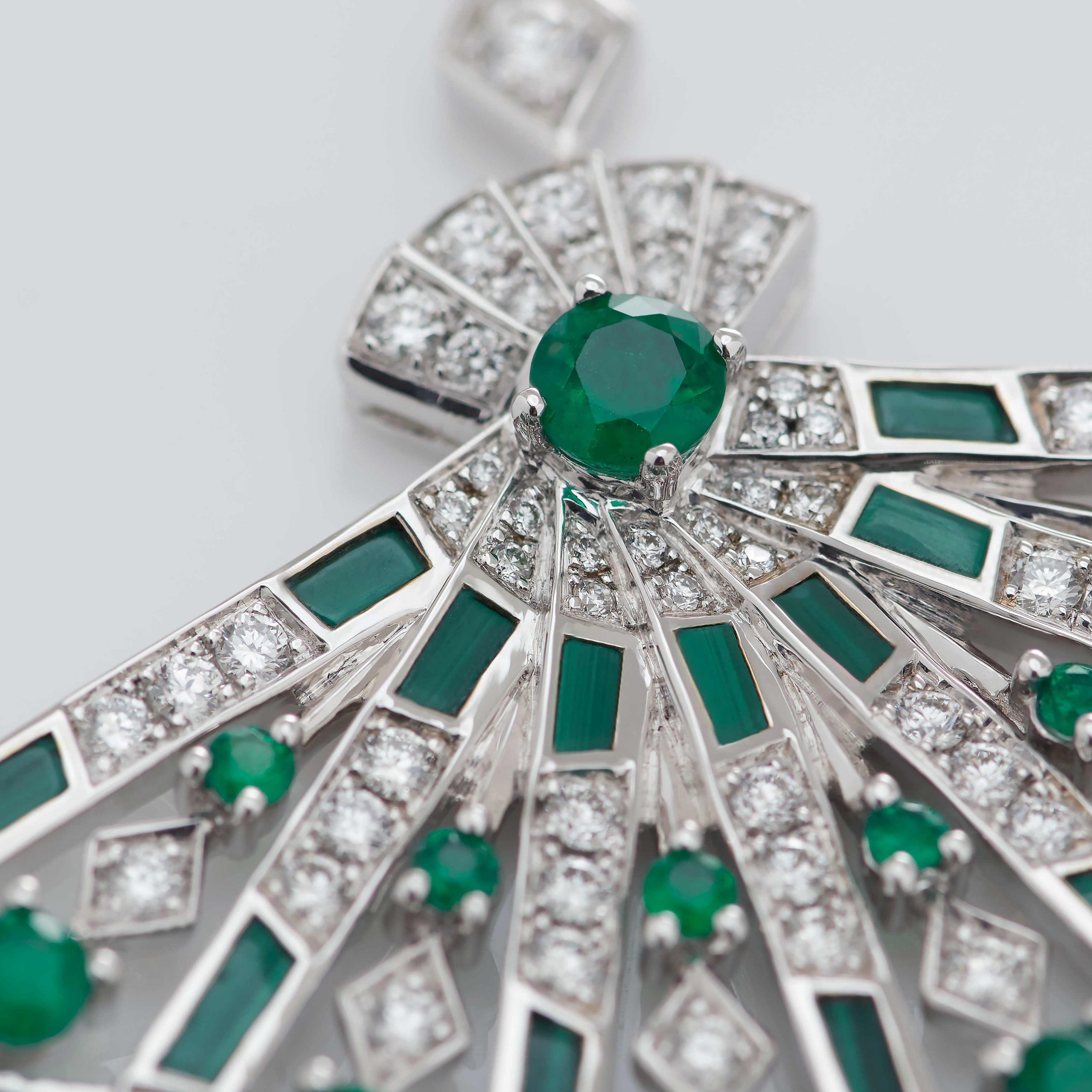 Garrard Fanfare Symphony collection Diamond and Emerald Pendant in 18ct White Gold with Malachite 2017312 Detail View Garrard Fanfare Symphony collection Diamond and Emerald Pendant in 18ct White Gold with Malachite 2017312 Detail View