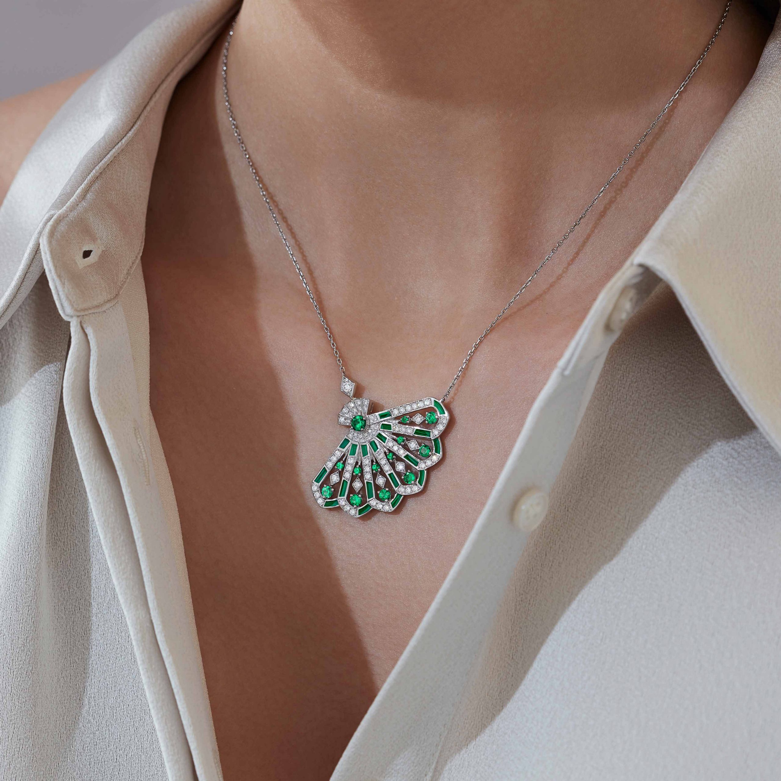 Garrard Fanfare Symphony collection Diamond and Emerald Pendant in 18ct White Gold with Malachite 2017312 On Model Garrard Fanfare Symphony collection Diamond and Emerald Pendant in 18ct White Gold with Malachite 2017312 On Model