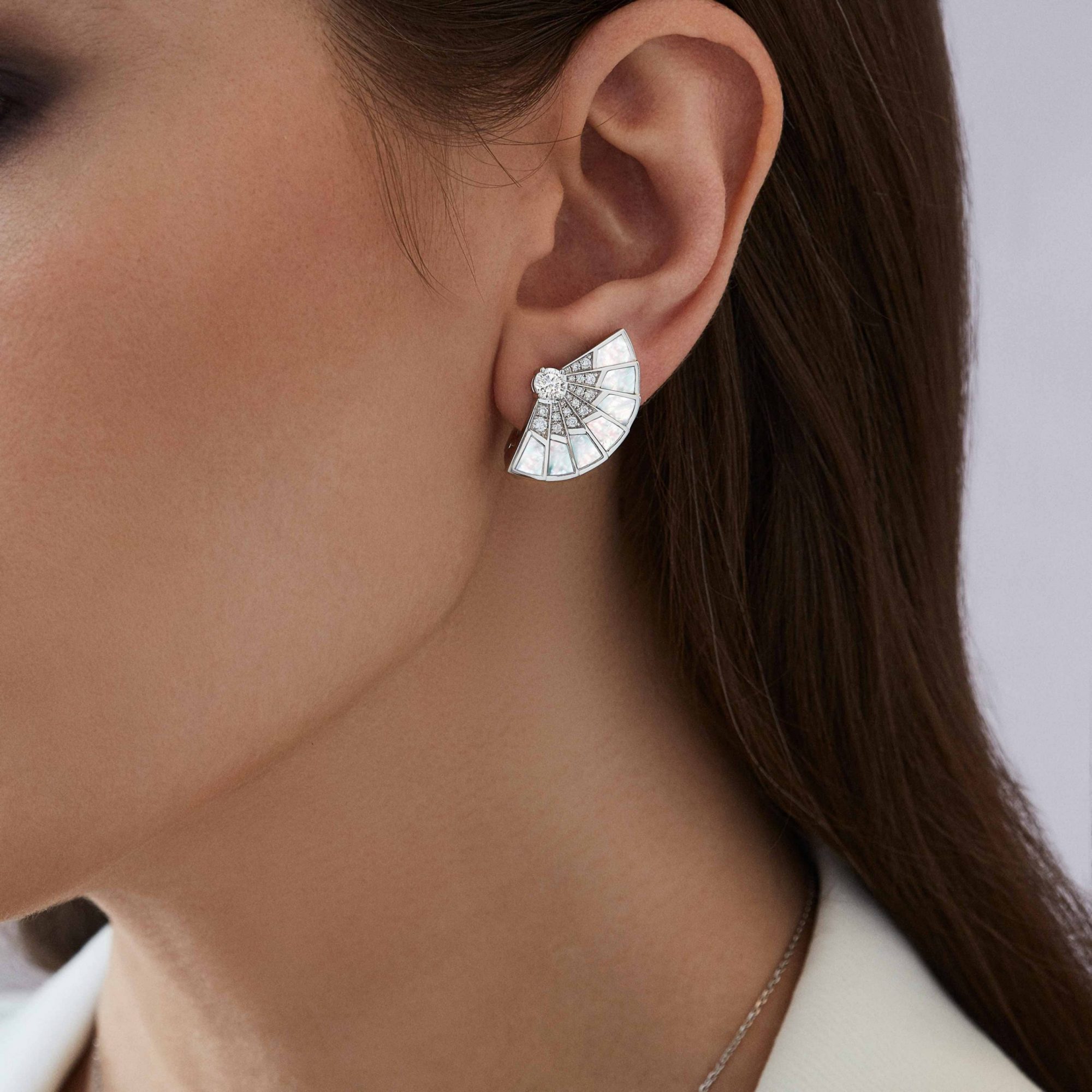Garrard Fanfare Symphony collection Diamond and Mother of Pearl Earrings In 18ct White Gold 2017336 On Model