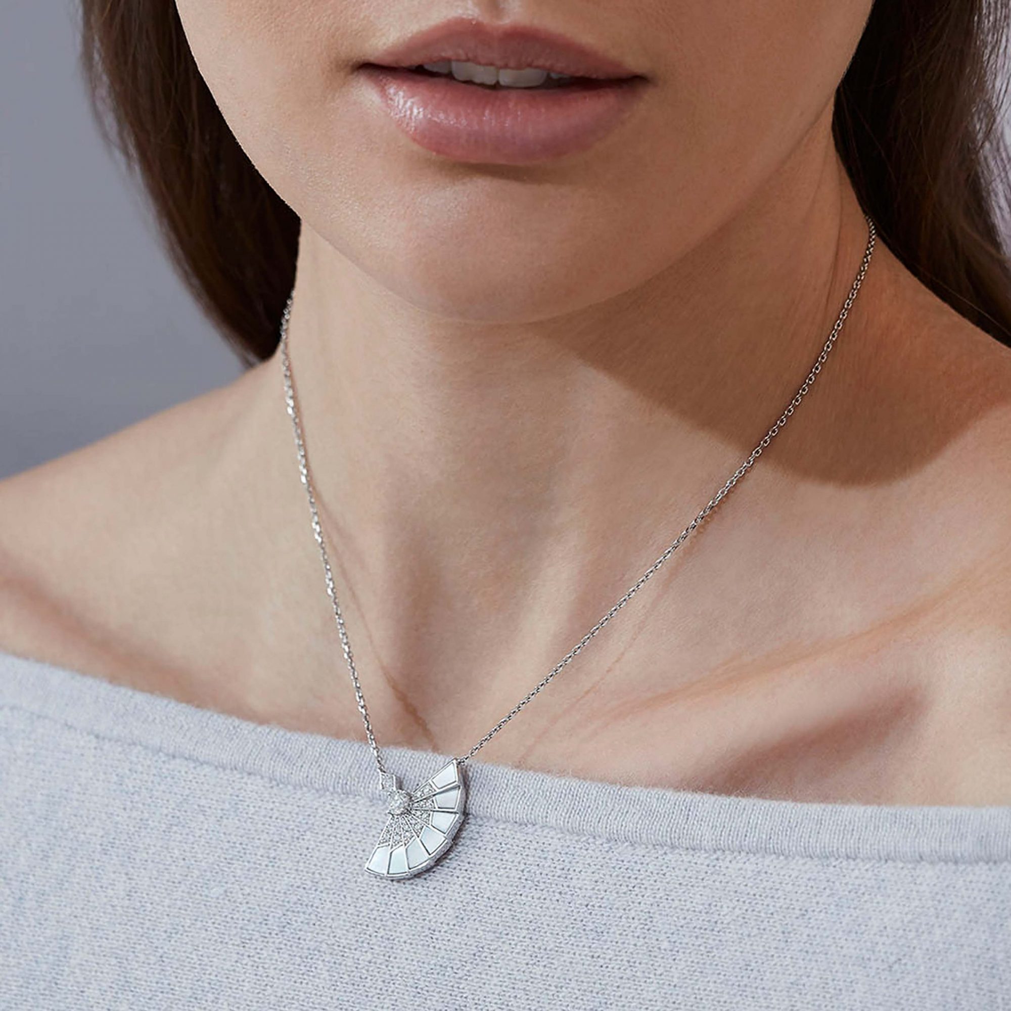 Garrard Fanfare Symphony collection Diamond and Mother of Pearl Pendant In 18ct White Gold 2017340 On Model