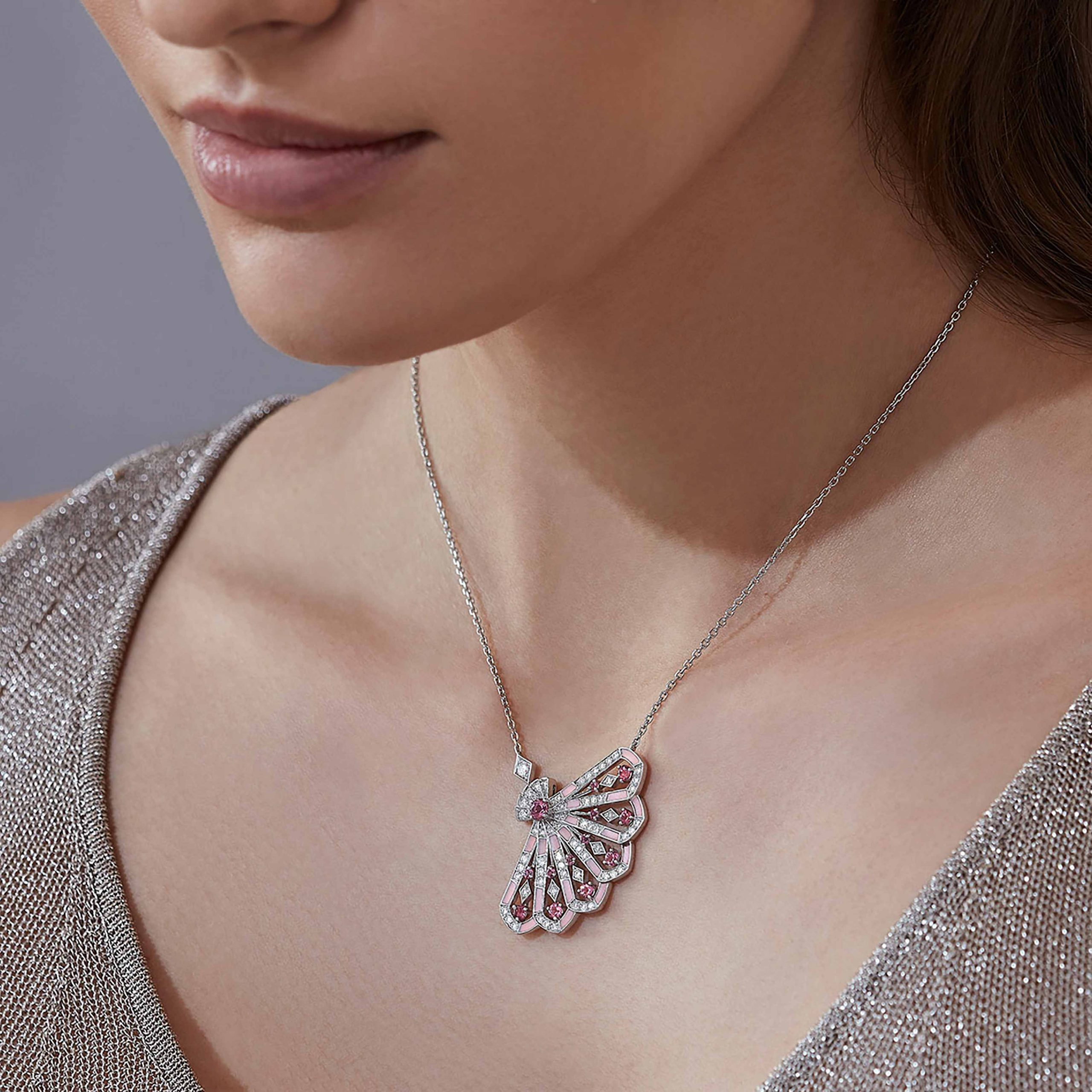 Garrard Fanfare Symphony collection Diamond and Pink Tourmaline Pendant In 18ct White Gold with Pink Opal 2017283 On Model Garrard Fanfare Symphony collection Diamond and Pink Tourmaline Pendant In 18ct White Gold with Pink Opal 2017283 On Model