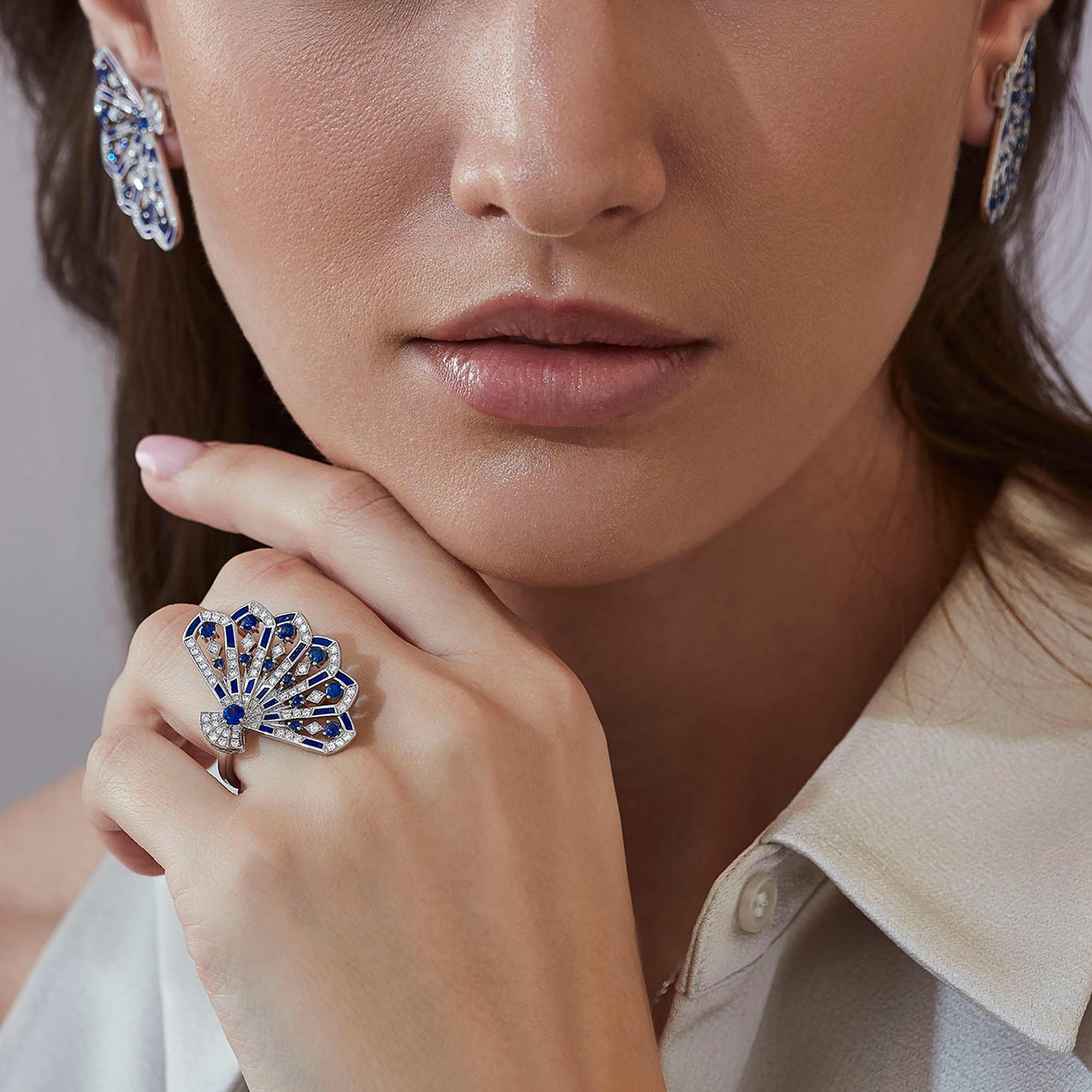 Garrard Fanfare Symphony collection Diamond and Sapphire Ring In 18ct White Gold with Lapis Lazuli 2017314 On Model Garrard Fanfare Symphony collection Diamond and Sapphire Ring In 18ct White Gold with Lapis Lazuli 2017314 On Model