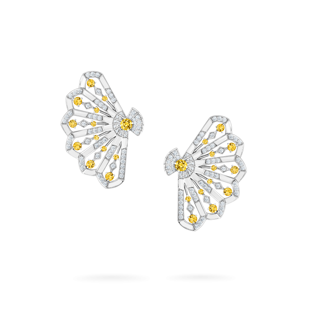 Garrard Fanfare Symphony collection Diamond and Yellow Sapphire Earrings in 18ct White Gold with White Agate 2017342 Hero
