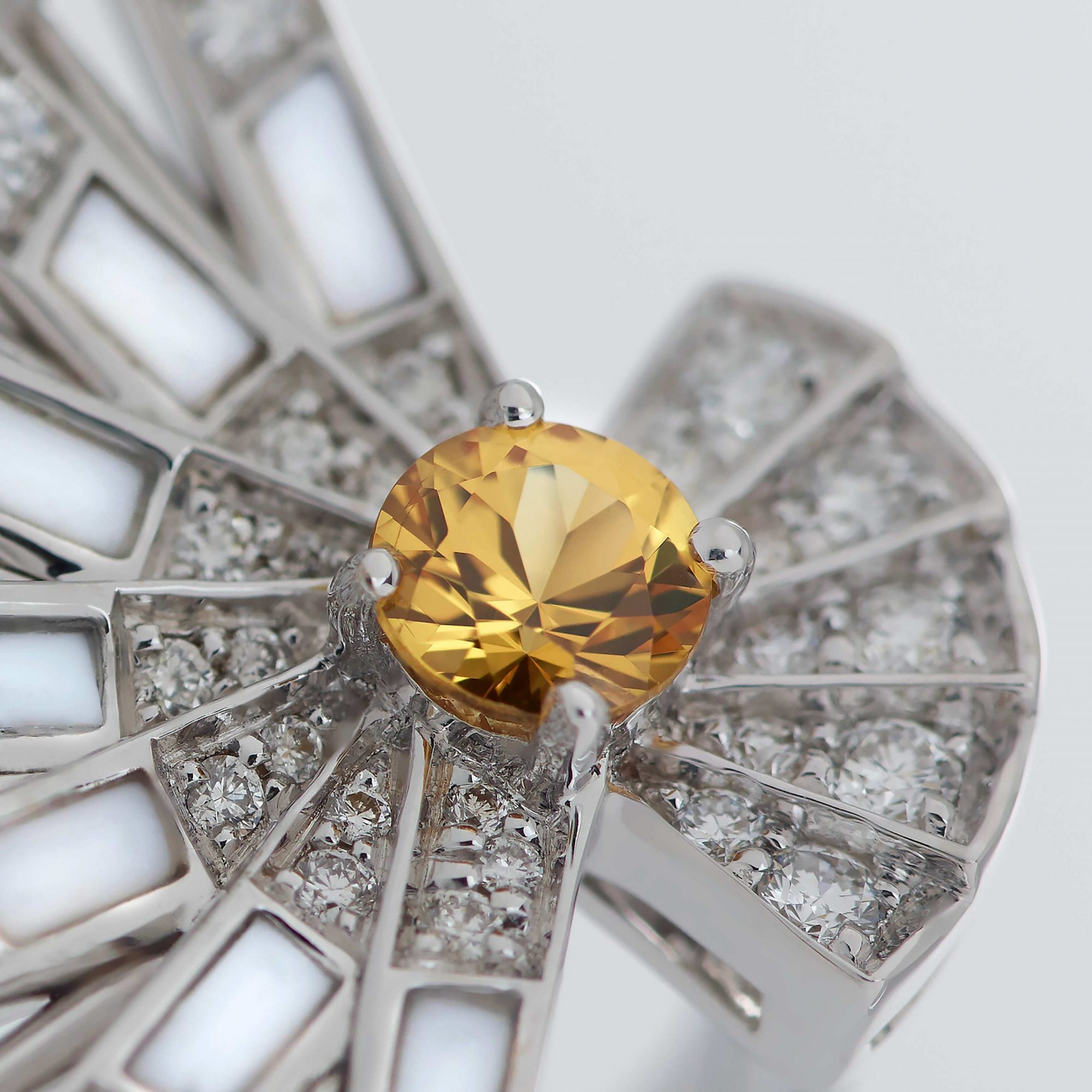 Garrard Fanfare Symphony collection Diamond and Yellow Sapphire Ring in 18ct White Gold with White Agate 2017362 Detail View