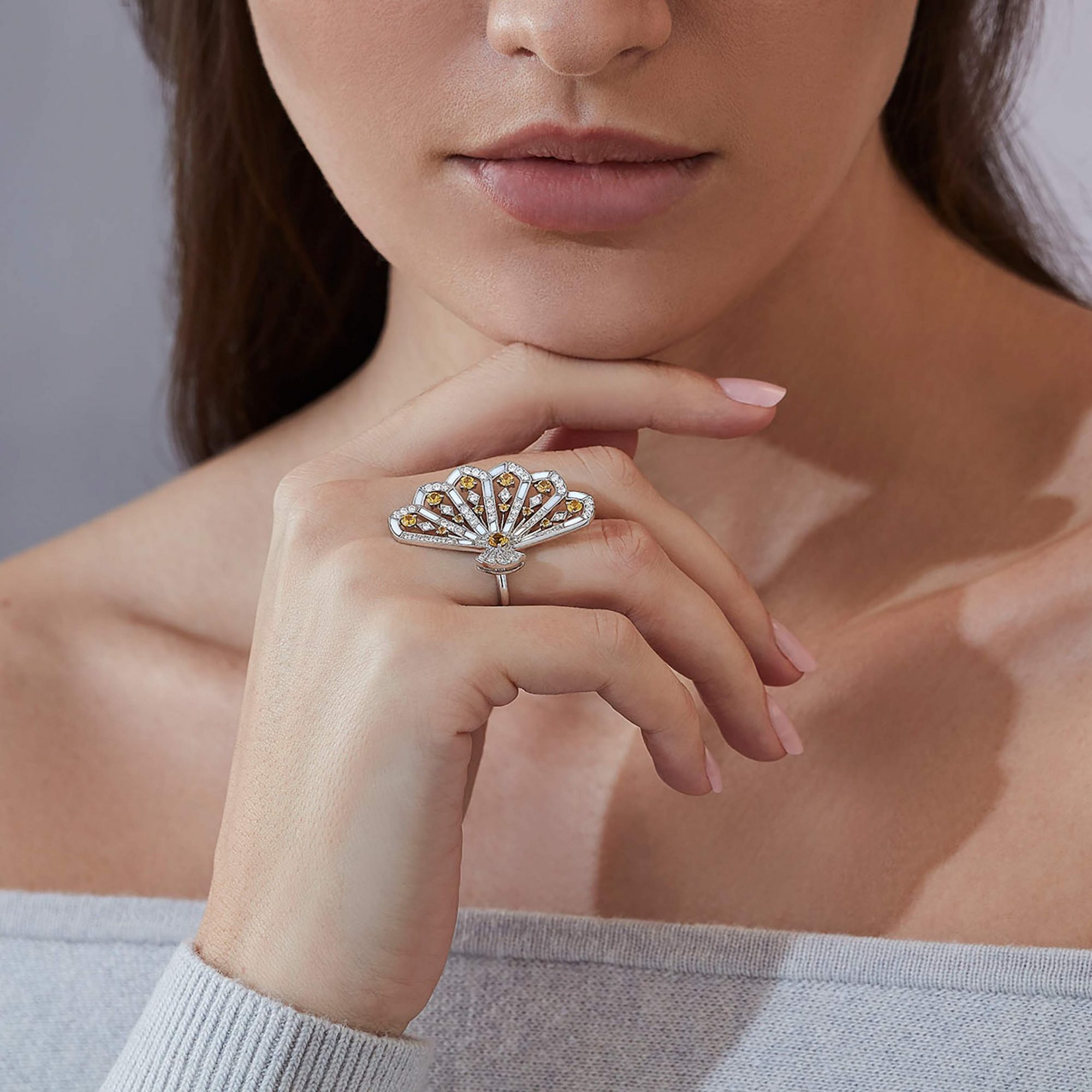 Garrard Fanfare Symphony collection Diamond and Yellow Sapphire Ring in 18ct White Gold with White Agate 2017362 On Model