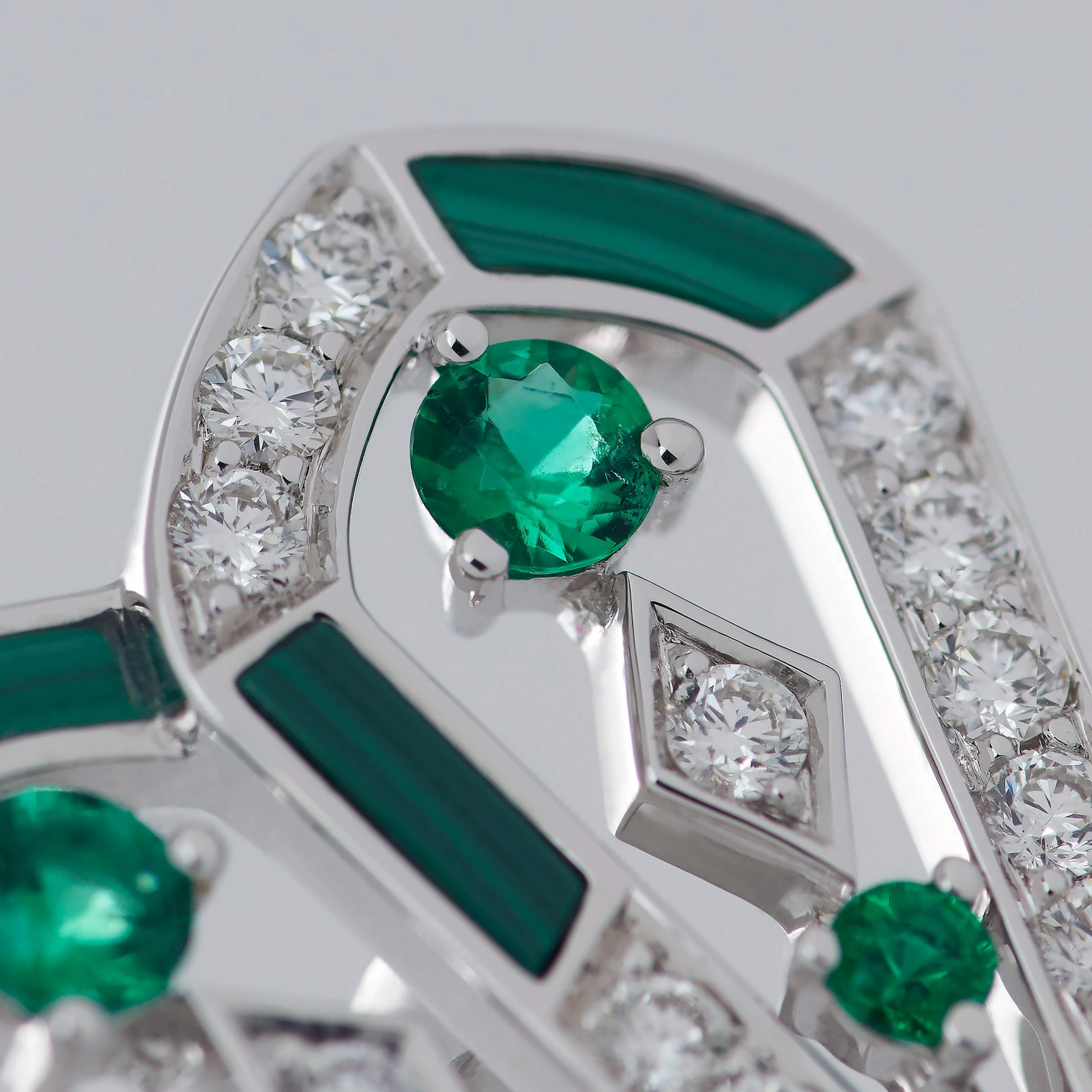Garrard Fanfare Symphony collection emerald and malachite openwork earrings in 18ct white gold 2017310 Detail View 2 Garrard Fanfare Symphony collection emerald and malachite openwork earrings in 18ct white gold 2017310 Detail View 2