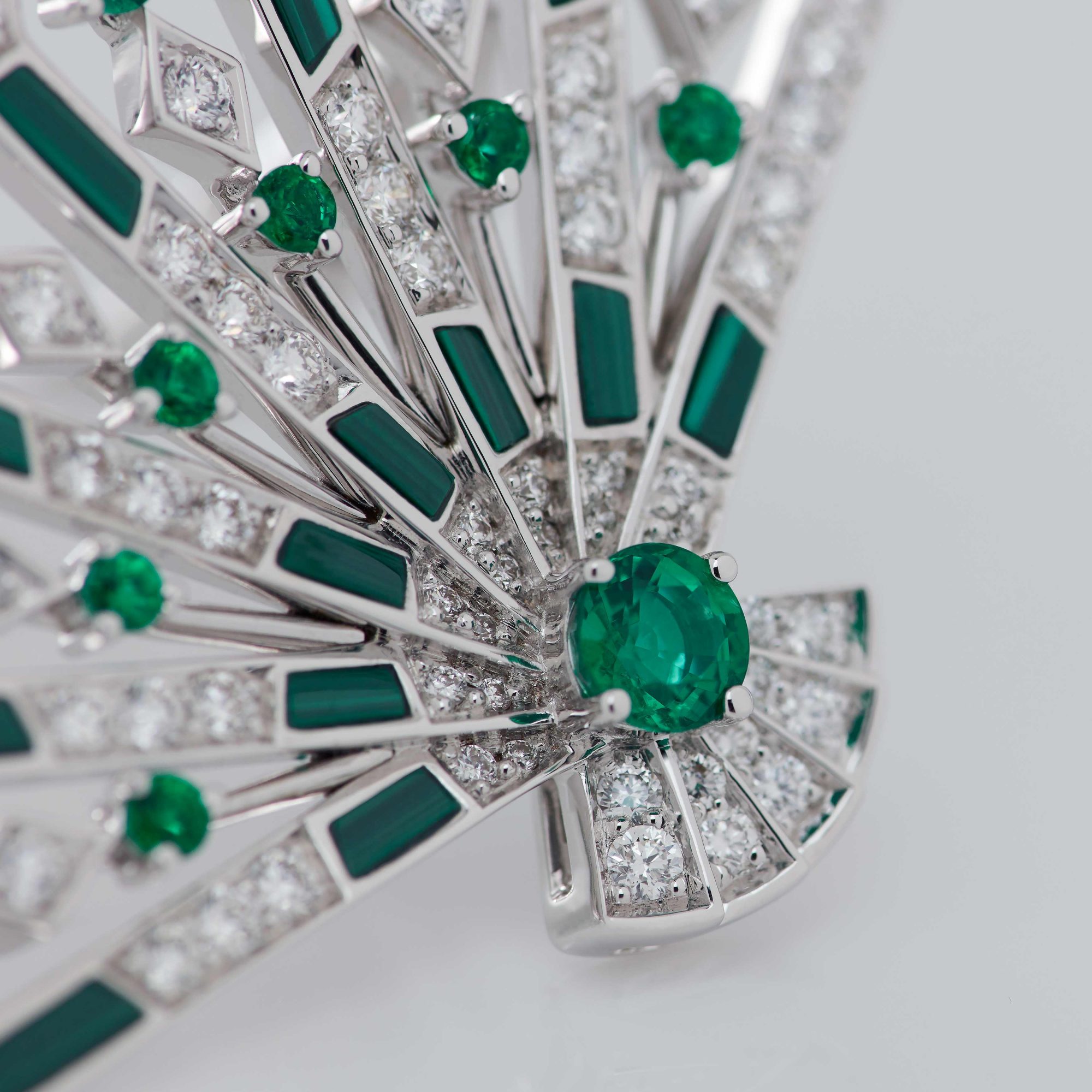 Garrard Fanfare Symphony collection emerald and malachite openwork earrings in 18ct white gold 2017310 Detail View