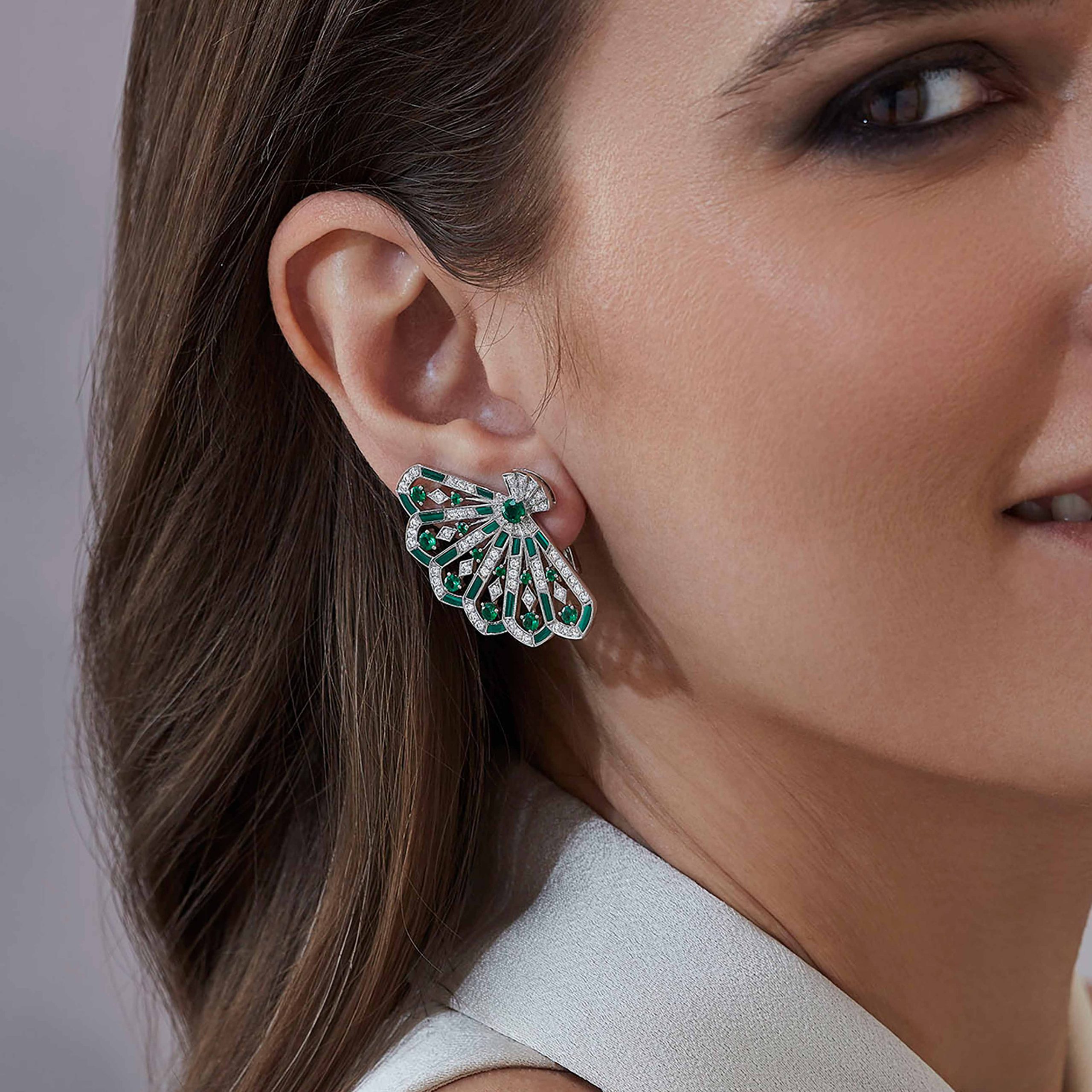 Garrard Fanfare Symphony collection emerald and malachite openwork earrings in 18ct white gold 2017310 On Model Garrard Fanfare Symphony collection emerald and malachite openwork earrings in 18ct white gold 2017310 On Model