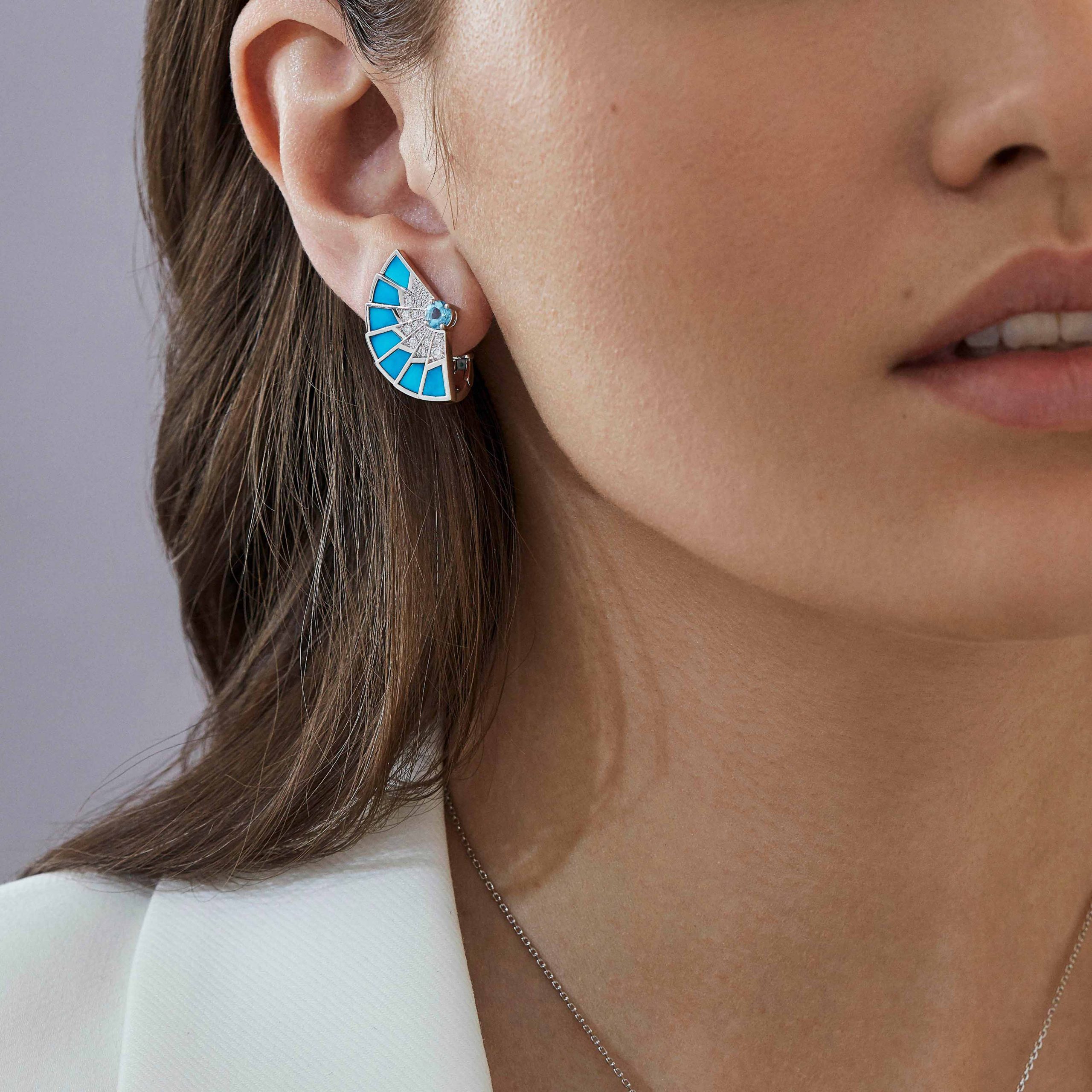 Garrard Fanfare Symphony jewellery collection Aquamarine and Turquoise Earrings in 18ct White Gold with Diamonds 2017304 On Model Garrard Fanfare Symphony jewellery collection Aquamarine and Turquoise Earrings in 18ct White Gold with Diamonds 2017304 On Model