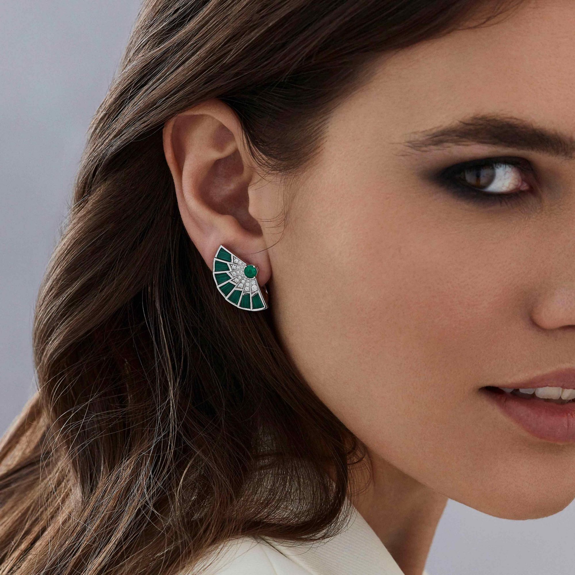 Garrard Fanfare Symphony jewellery collection Emerald and Malachite Earrings In 18ct White Gold with Diamonds 2017303 On Model