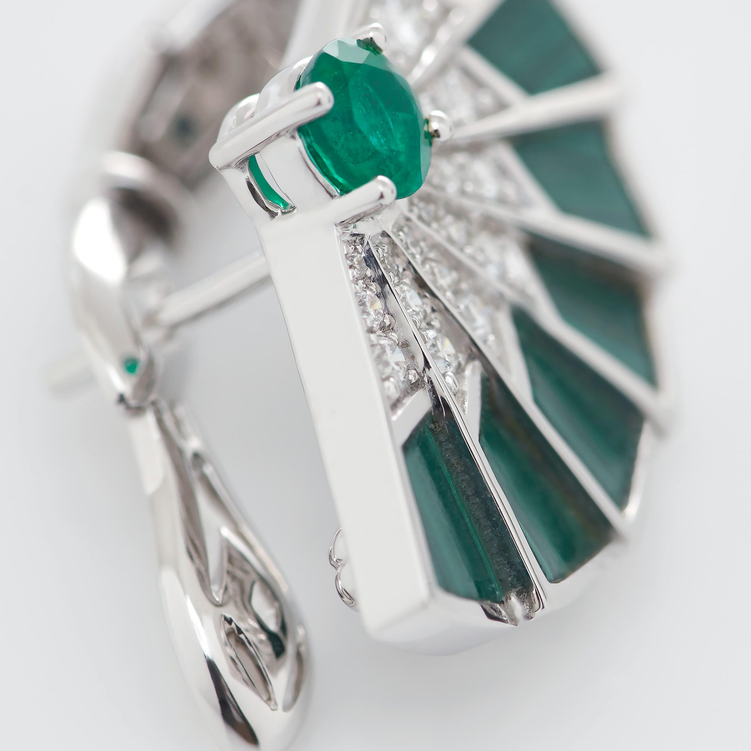 Garrard Fanfare Symphony jewellery collection Emerald and Malachite Earrings In 18ct White Gold with Diamonds 2017303 clasp View Garrard Fanfare Symphony jewellery collection Emerald and Malachite Earrings In 18ct White Gold with Diamonds 2017303 clasp View