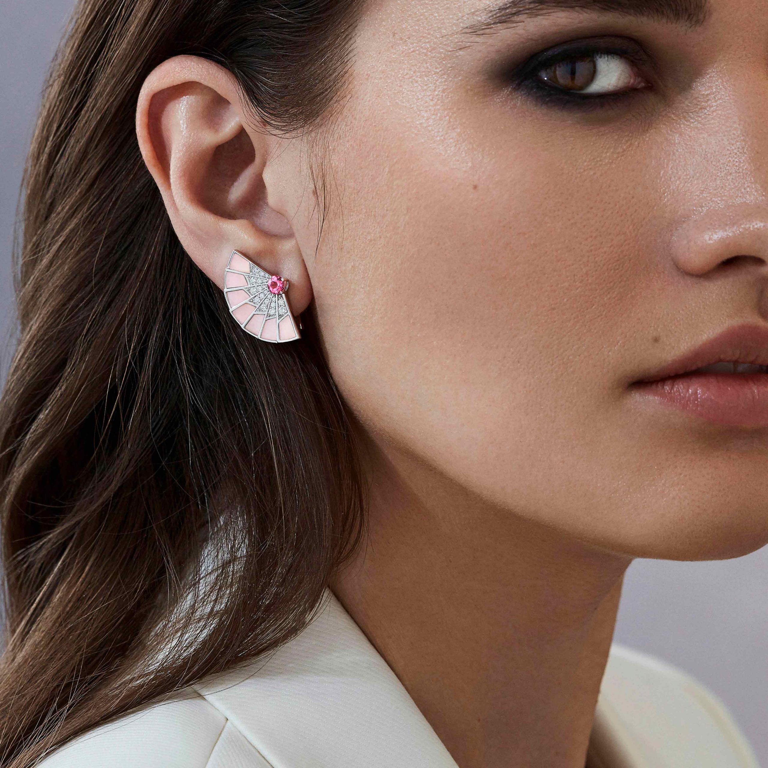 Garrard Fanfare Symphony jewellery collection Pink Tourmaline and Pink Opal earrings with Diamonds 2017278 On Model Garrard Fanfare Symphony jewellery collection Pink Tourmaline and Pink Opal earrings with Diamonds 2017278 On Model