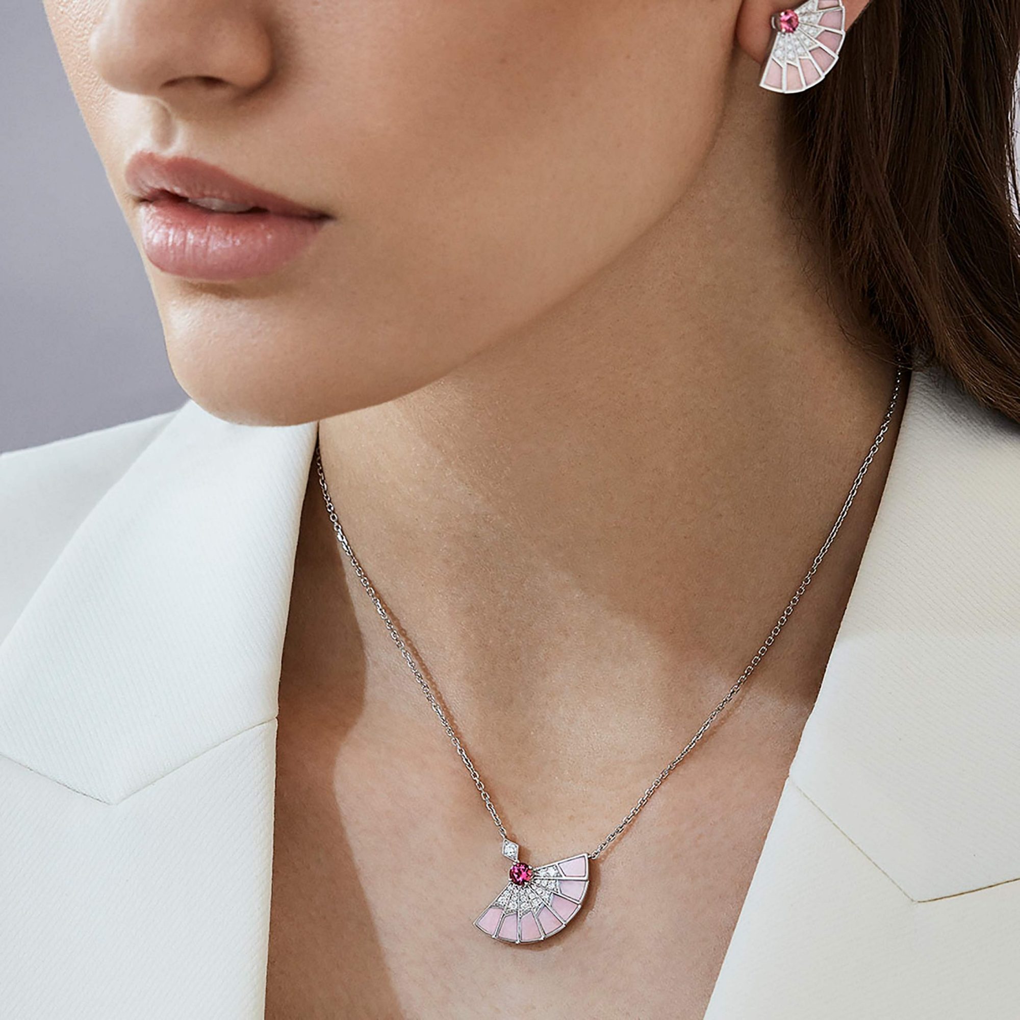 Garrard Fanfare Symphony jewellery collection Pink Tourmaline and Pink Opal earrings with Diamonds 2017279 On Model