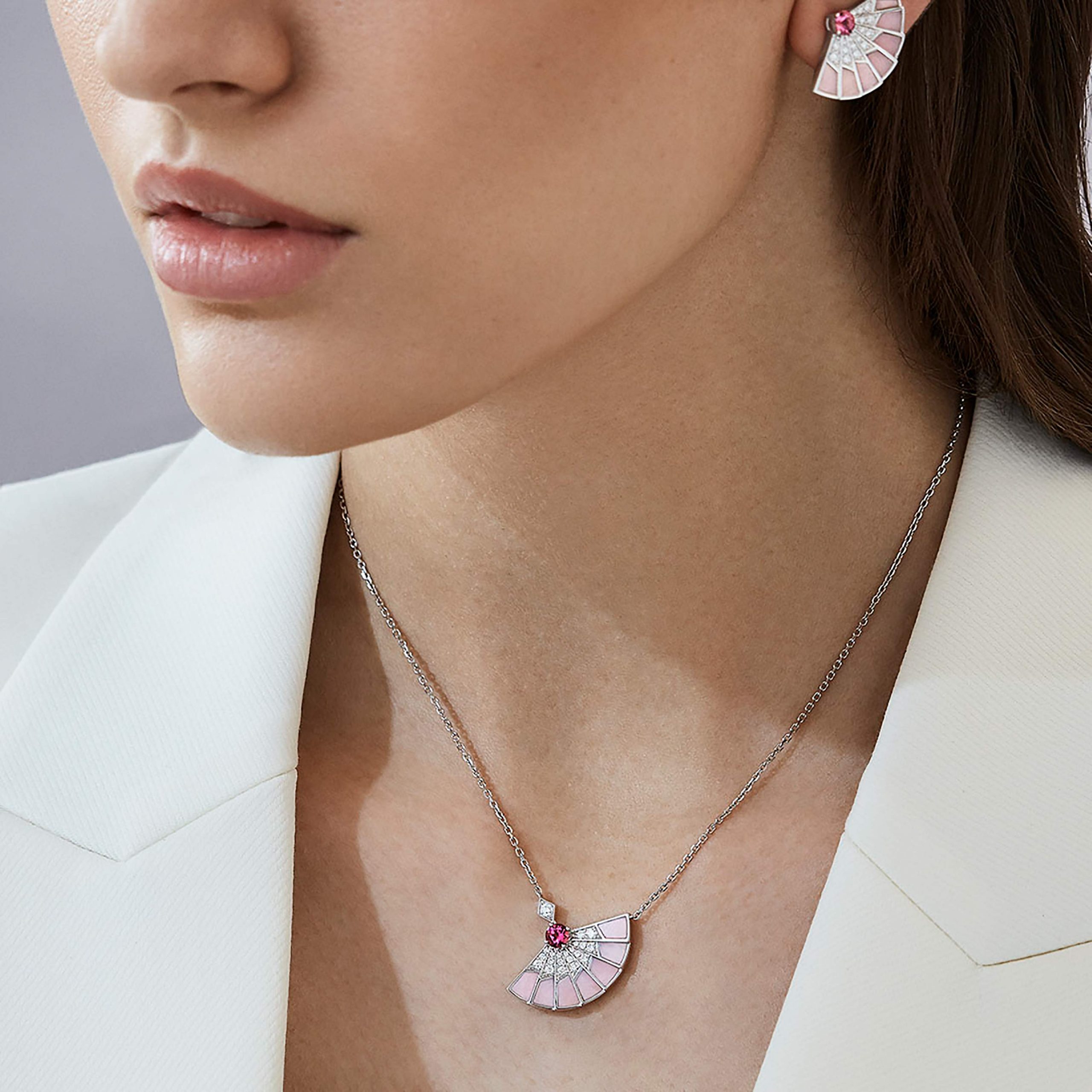 Garrard Fanfare Symphony jewellery collection Pink Tourmaline and Pink Opal earrings with Diamonds 2017279 On Model Garrard Fanfare Symphony jewellery collection Pink Tourmaline and Pink Opal earrings with Diamonds 2017279 On Model