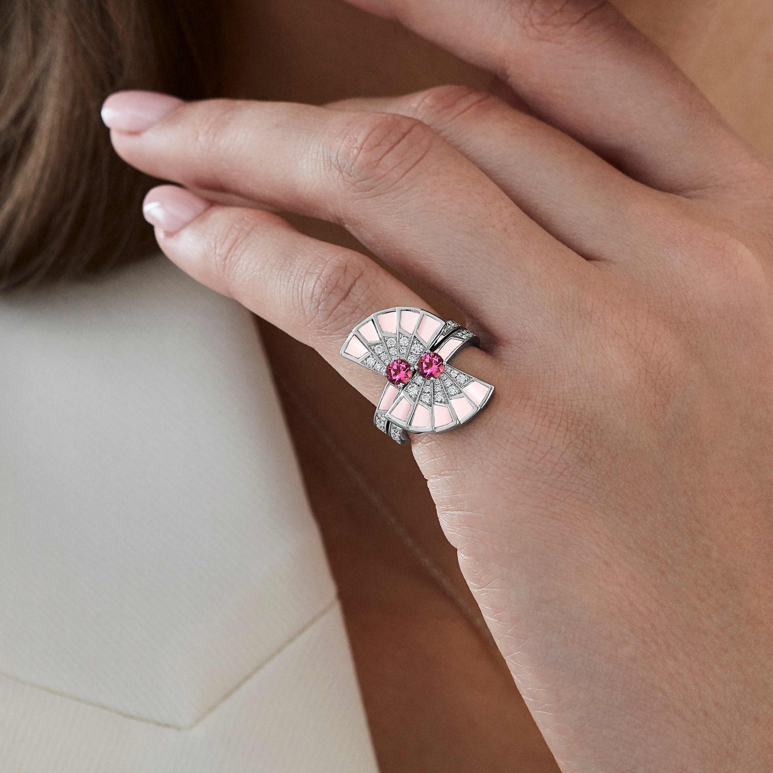 Garrard Fanfare Symphony jewellery collection Tourmaline and Pink Opal Ring In 18ct White Gold with Diamonds 2017280 On Model Garrard Fanfare Symphony jewellery collection Tourmaline and Pink Opal Ring In 18ct White Gold with Diamonds 2017280 On Model