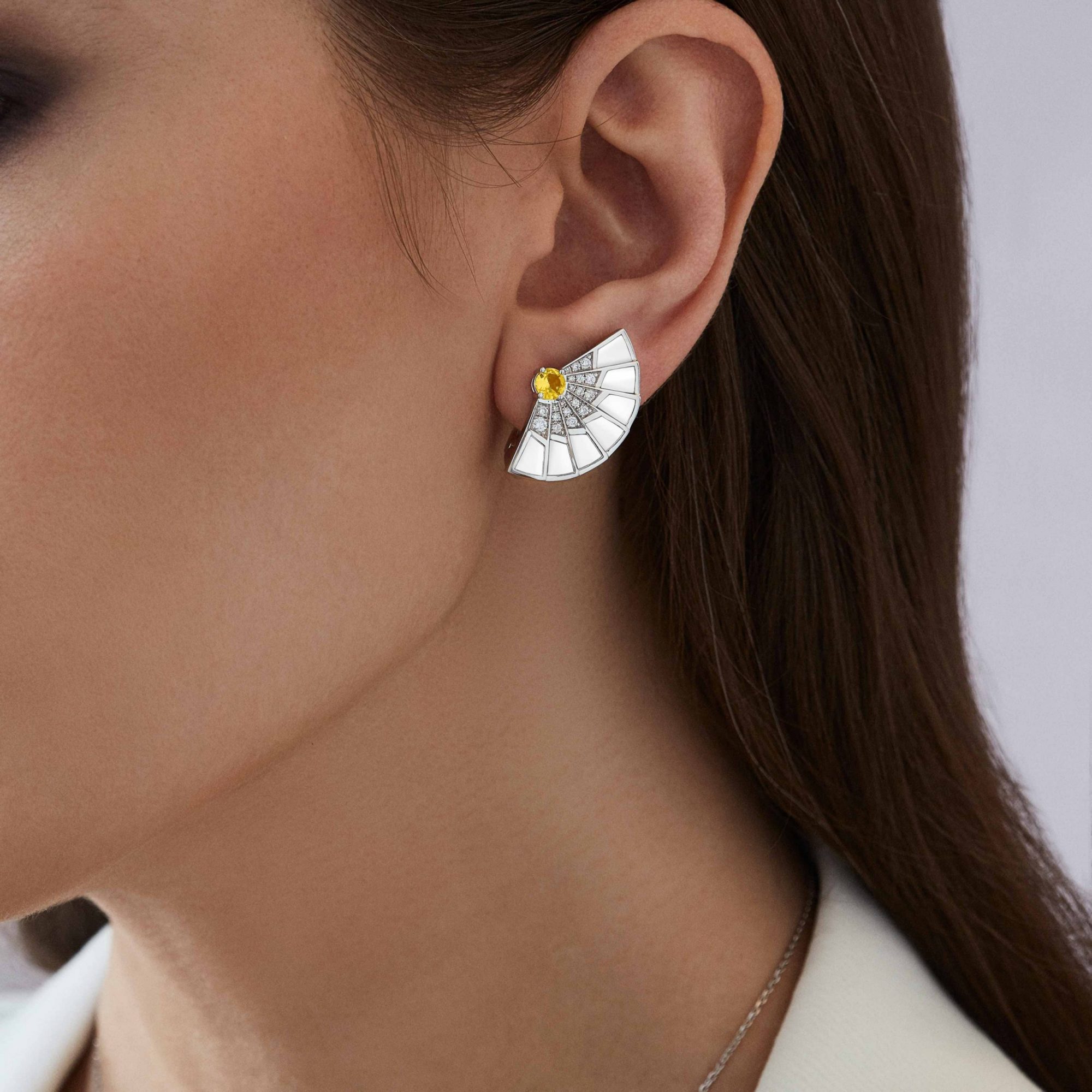 Garrard Fanfare Symphony jewellery collection Yellow Sapphire and White Agate Earrings in 18ct White Gold with Diamonds 2017333 On Model