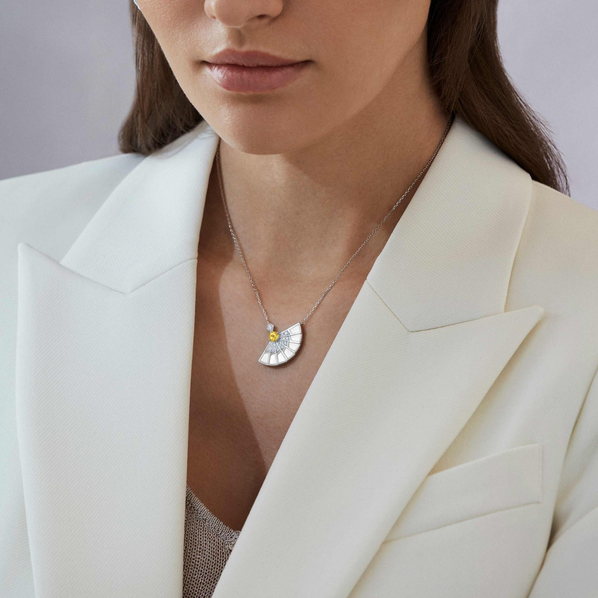 Garrard Fanfare Symphony jewellery collection Yellow Sapphire and White Agate Pendant in 18ct White Gold with Diamonds 2017337 On Model