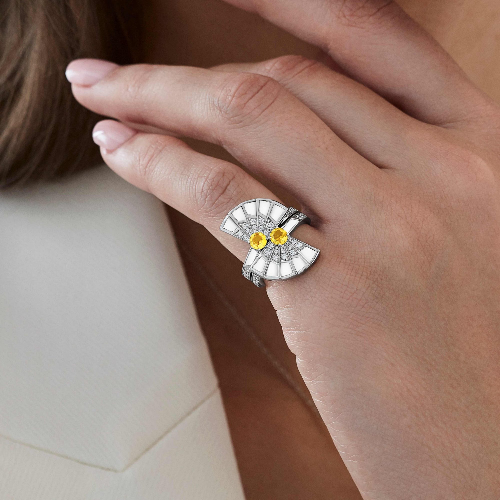 Garrard Fanfare Symphony jewellery collection Yellow Sapphire and White Agate Ring in 18ct White Gold with Diamonds 2017337 On Model