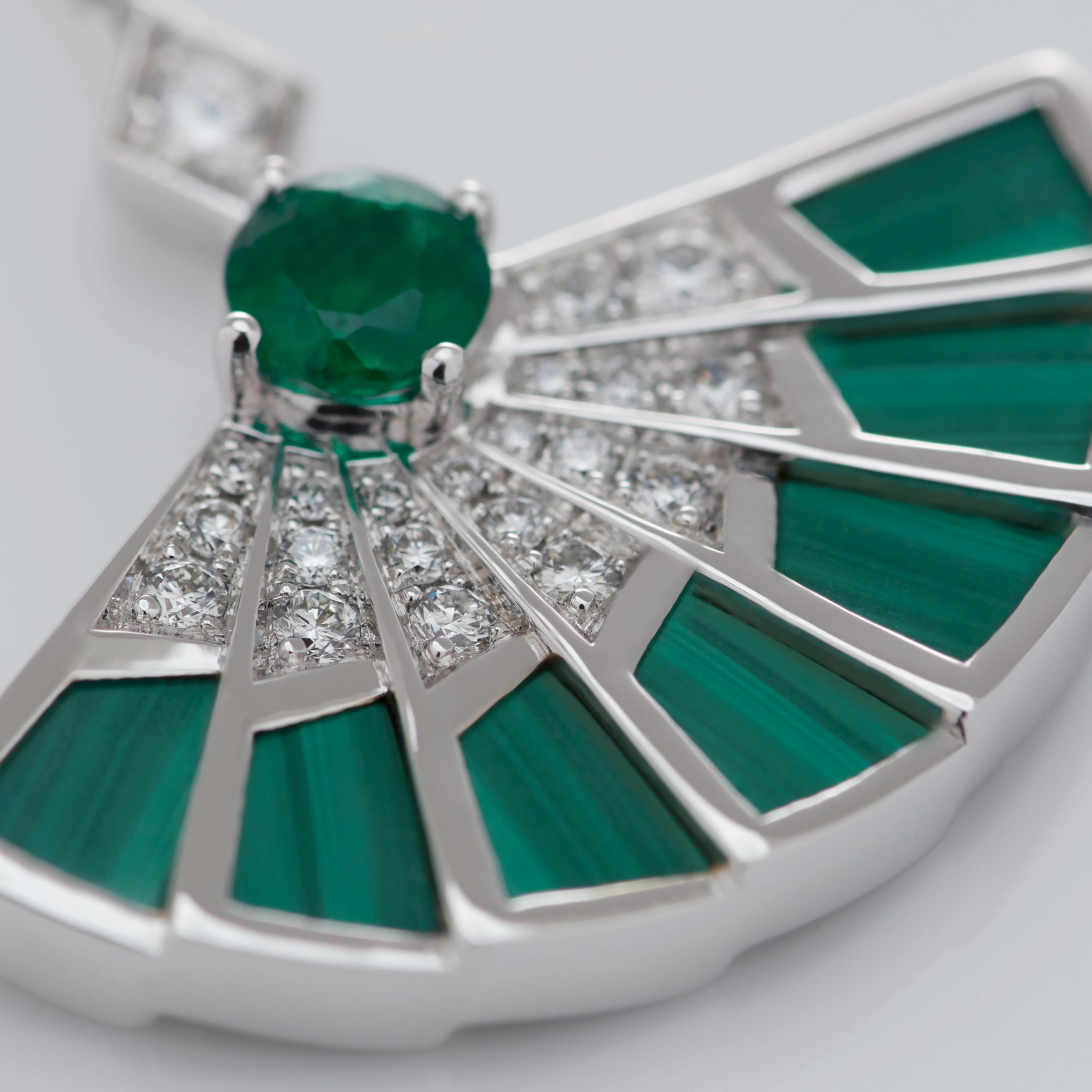 Garrard Fanfare Symphony jewellery collection emerald and malachite full colour earrings in 18ct white gold 2017305 Detail View Garrard Fanfare Symphony jewellery collection emerald and malachite full colour earrings in 18ct white gold 2017305 Detail View