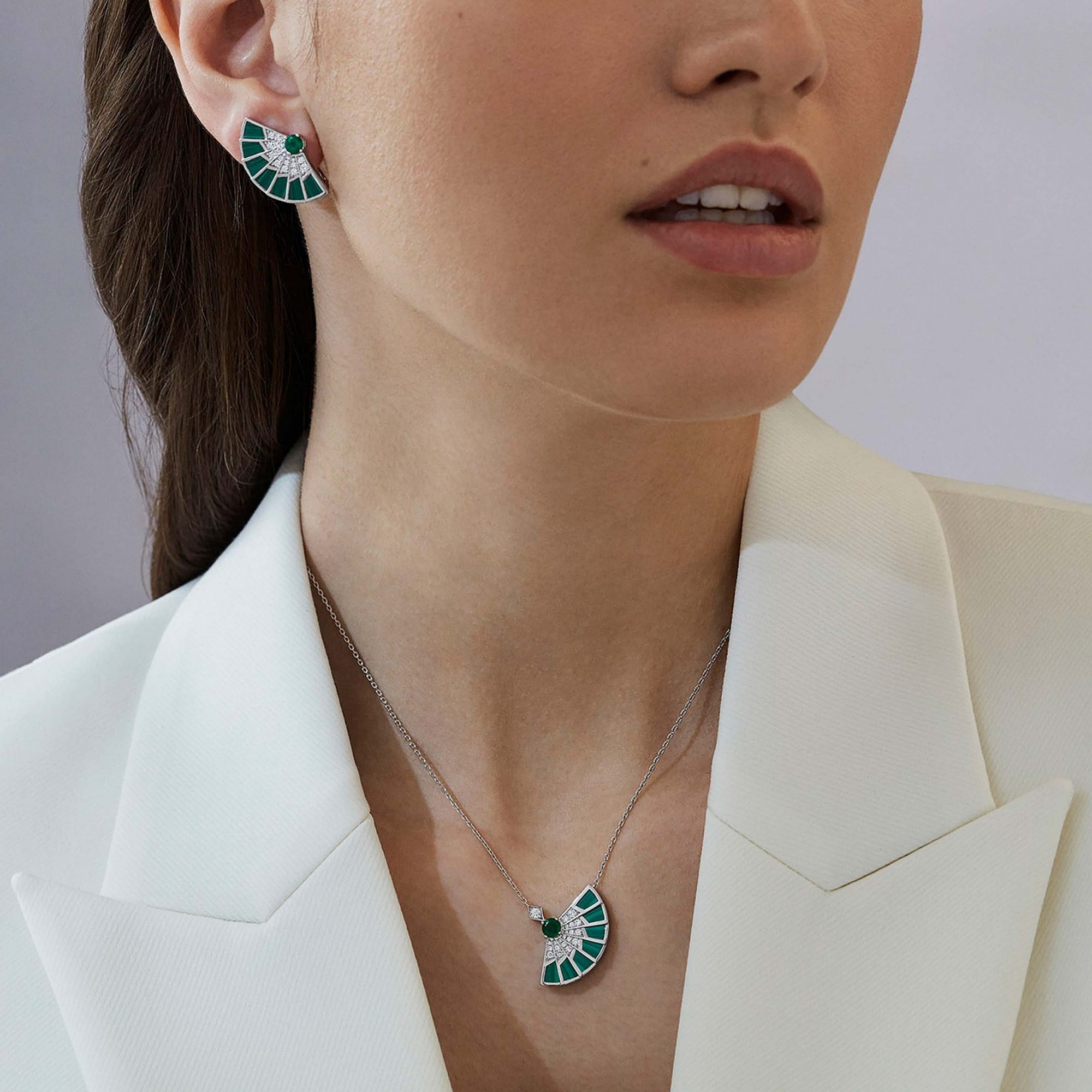 Garrard Fanfare Symphony jewellery collection emerald and malachite full colour earrings in 18ct white gold 2017305 On Model