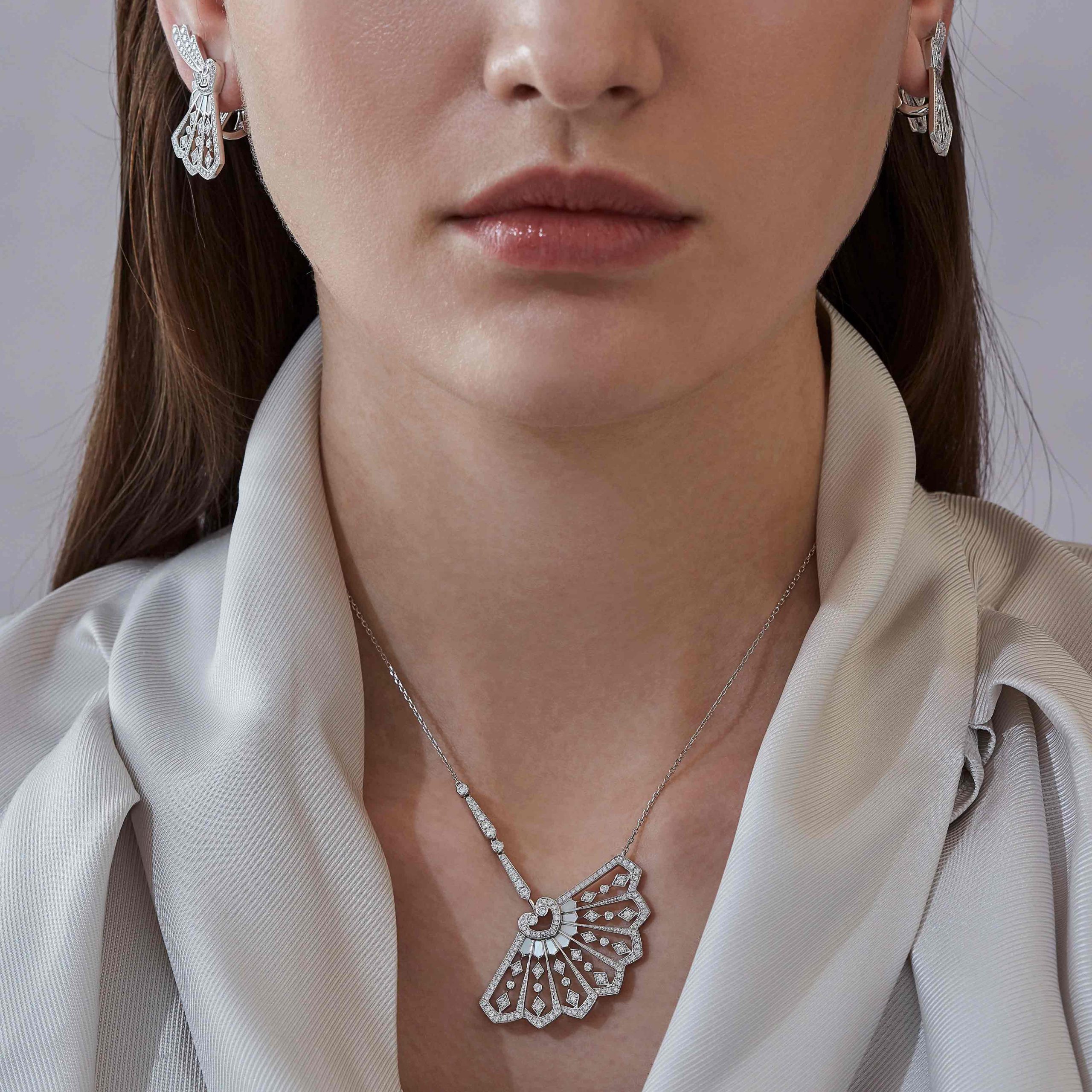 Garrard Fanfare collection Diamond and Mother of Pearl Pendant in 18ct White Gold 2015303 On Model Garrard Fanfare collection Diamond and Mother of Pearl Pendant in 18ct White Gold 2015303 On Model