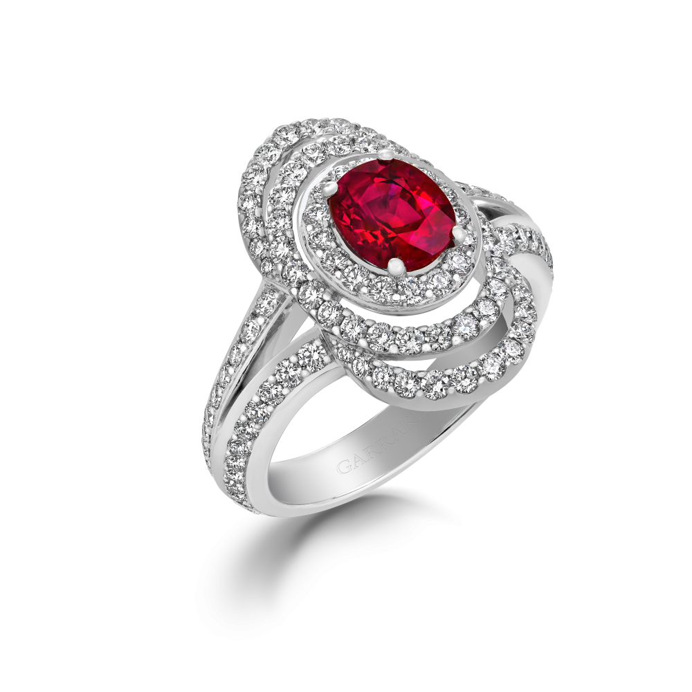 Garrard Jewelled Vault 1.38ct Oval Burmese Pigeons Blood Ruby Ring In 18ct White Gold with Diamonds 2017331 Hero