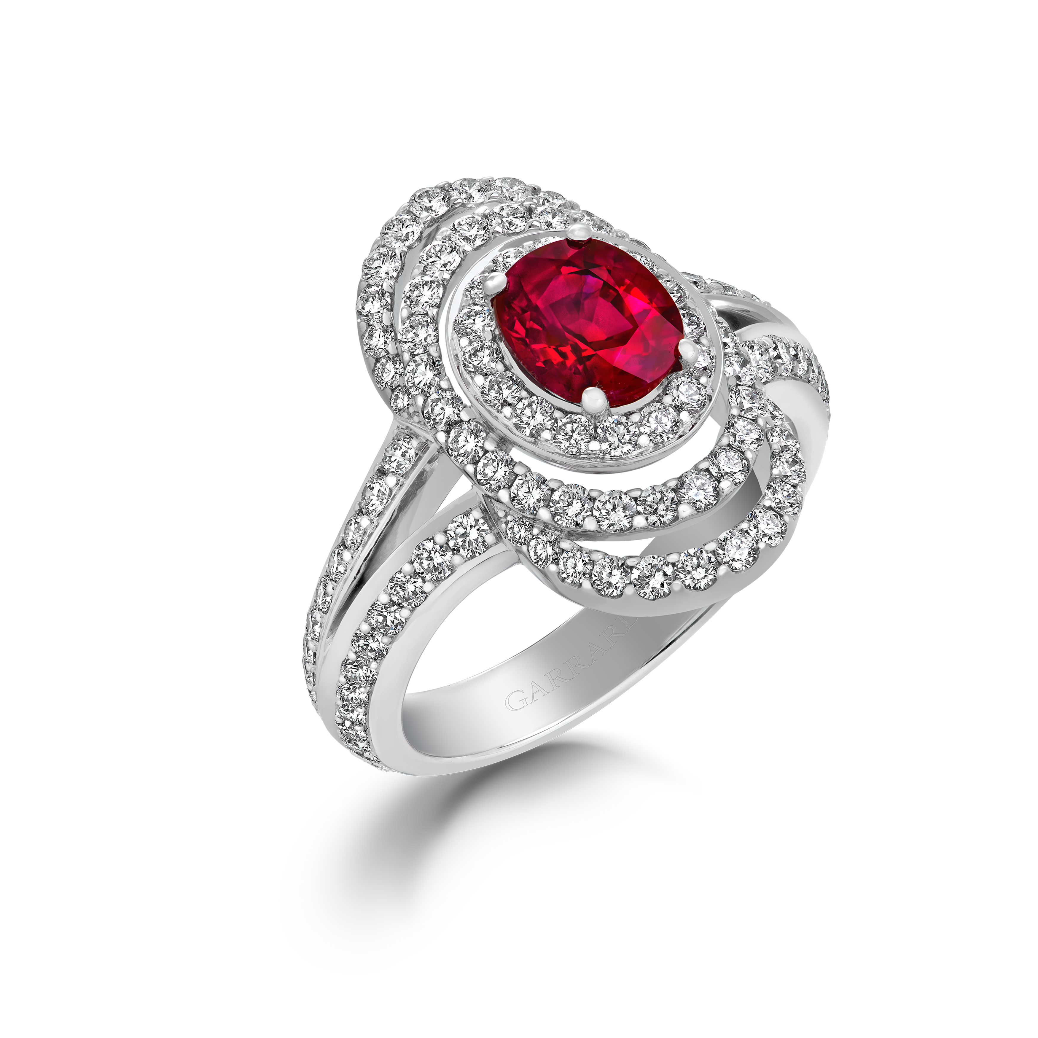 Garrard Jewelled Vault 1.38ct Oval Burmese Pigeons Blood Ruby Ring In 18ct White Gold with Diamonds 2017331 Hero Garrard Jewelled Vault 1.38ct Oval Burmese Pigeons Blood Ruby Ring In 18ct White Gold with Diamonds 2017331 Hero