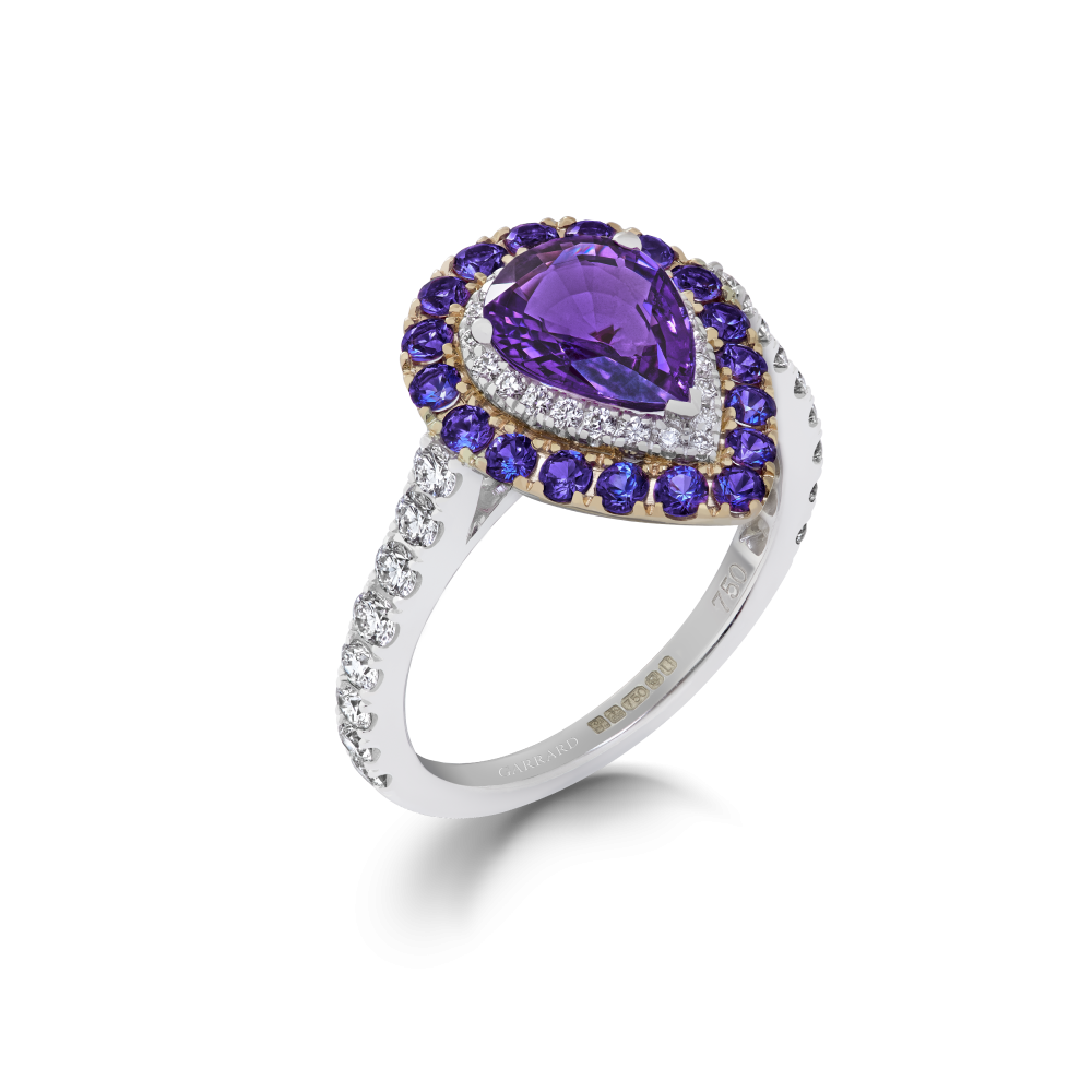 Garrard Jewelled Vault 1.75ct Pear Shape Purple Sapphire Cluster Ring In 18ct White and Yellow Gold with Diamonds and Purple Sapphires 2017378
