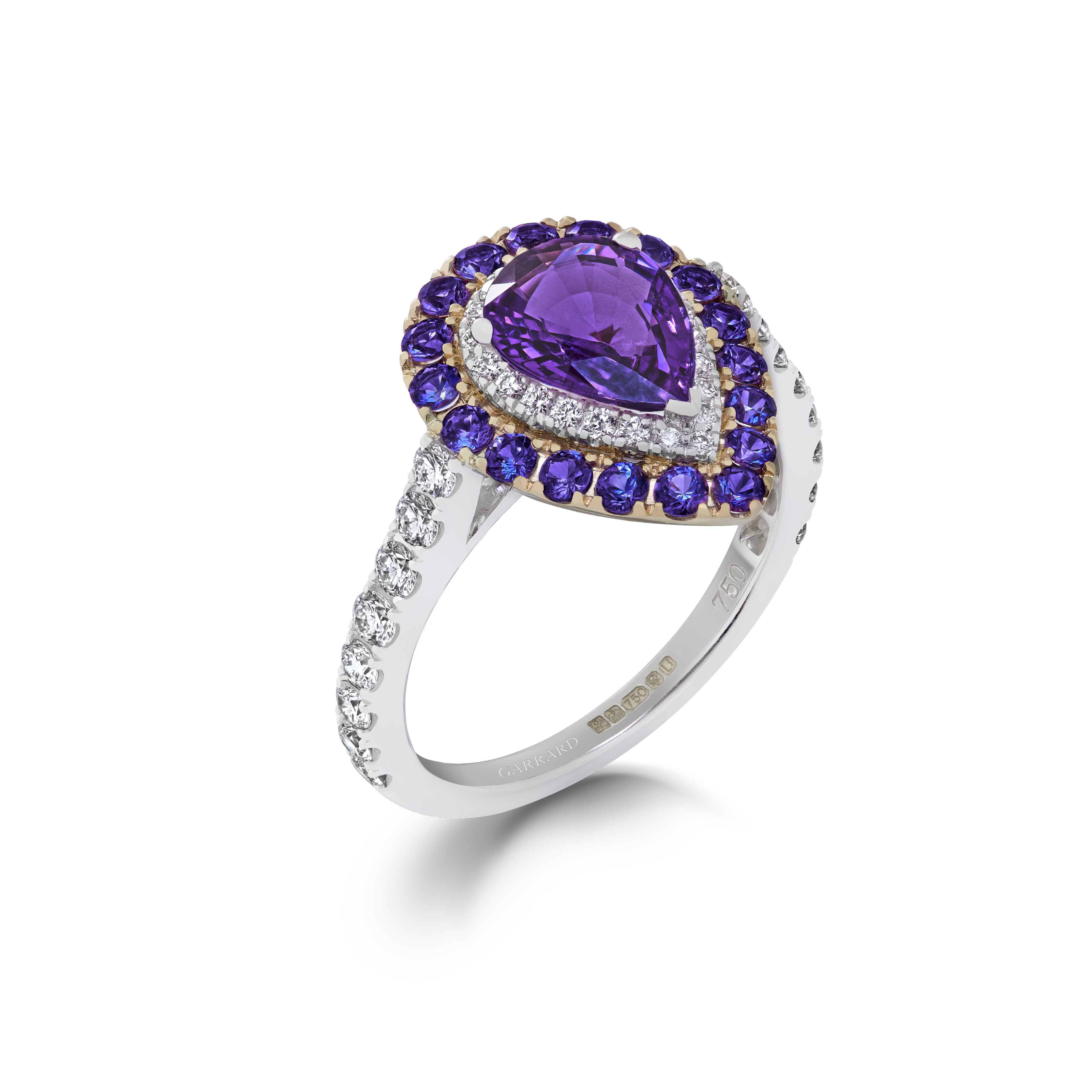 Garrard Jewelled Vault 1.75ct Pear Shape Purple Sapphire Cluster Ring In 18ct White and Yellow Gold with Diamonds and Purple Sapphires 2017378 Garrard Jewelled Vault 1.75ct Pear Shape Purple Sapphire Cluster Ring In 18ct White and Yellow Gold with Diamonds and Purple Sapphires 2017378