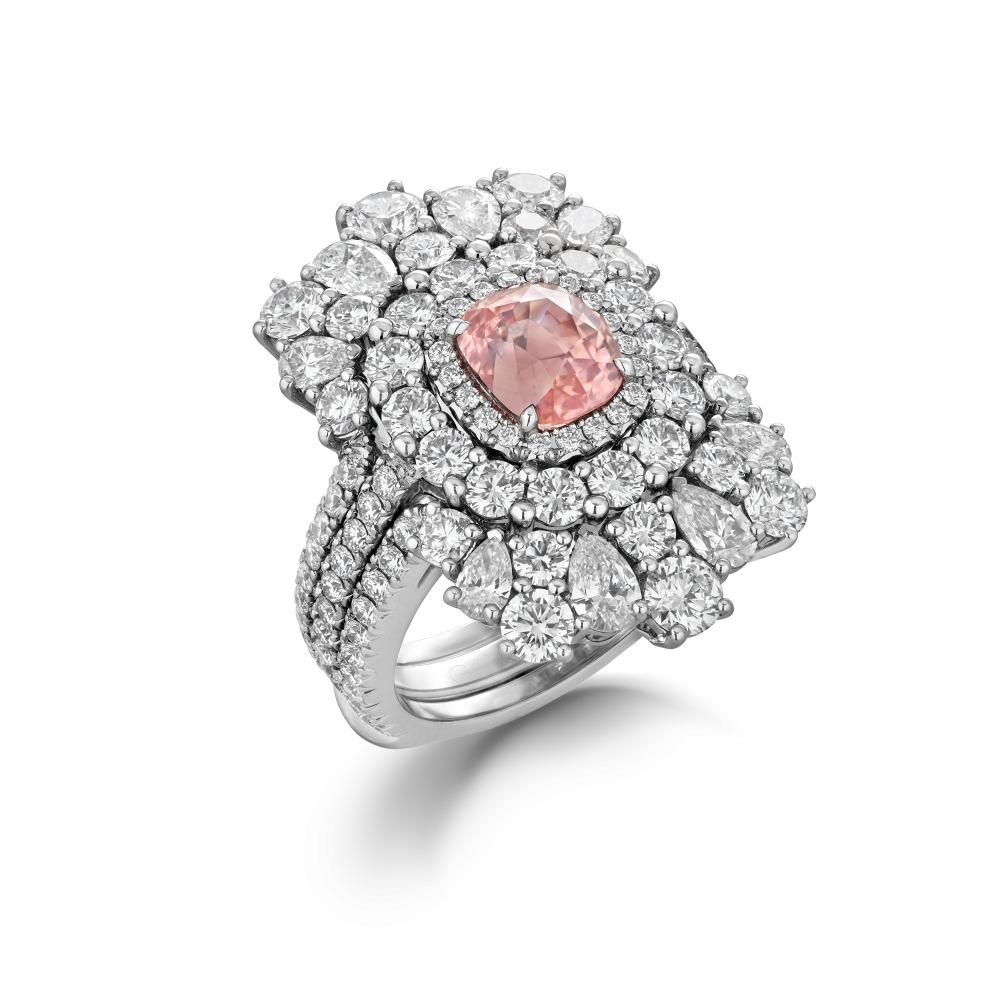 Garrard Jewelled Vault 2.48ct Cushion Cut Padparadscha Sapphire Jacket Ring In 18ct White Gold with Diamonds 2017374 Hero
