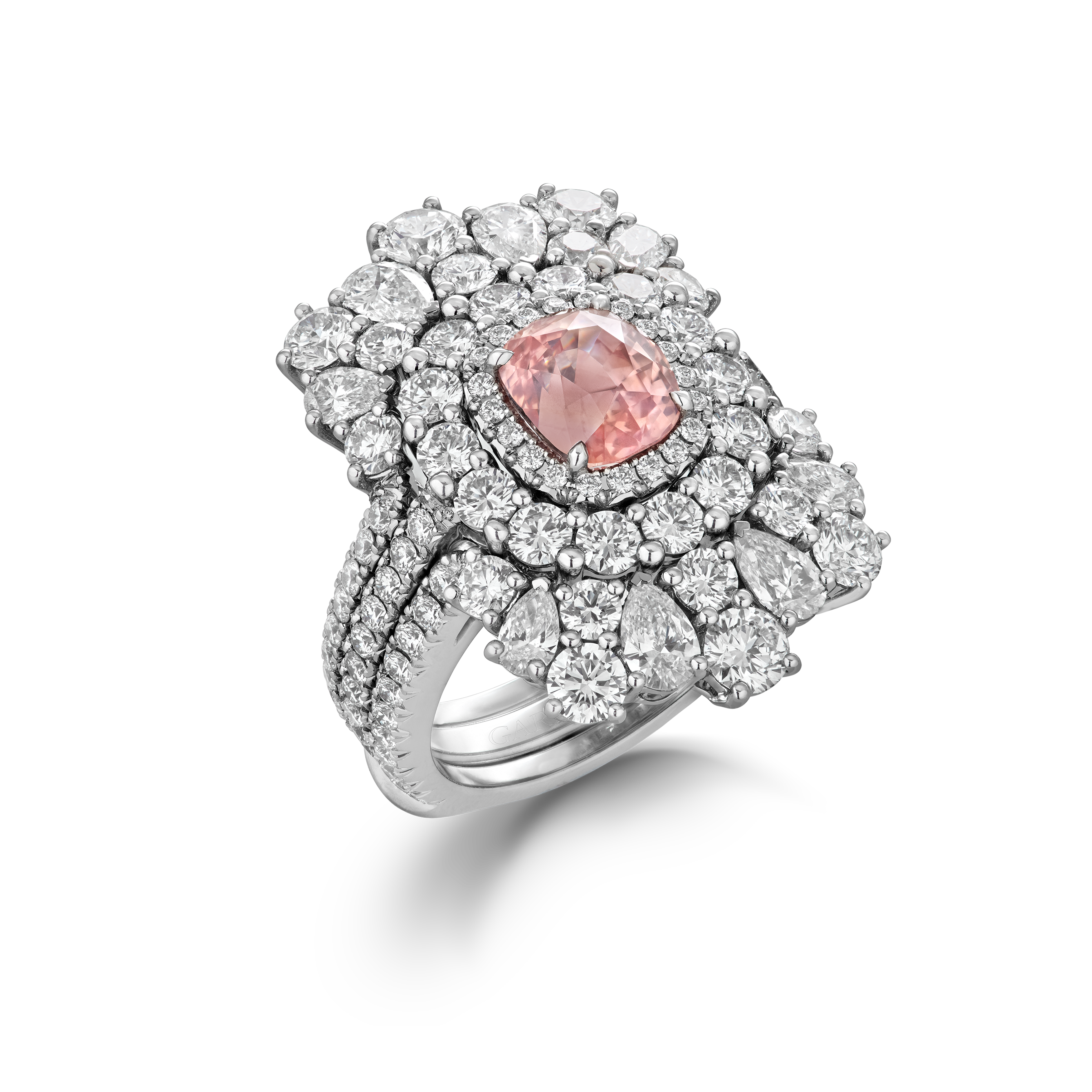 Garrard Jewelled Vault 2.48ct Cushion Cut Padparadscha Sapphire Jacket Ring In 18ct White Gold with Diamonds 2017374 Hero Garrard Jewelled Vault 2.48ct Cushion Cut Padparadscha Sapphire Jacket Ring In 18ct White Gold with Diamonds 2017374 Hero