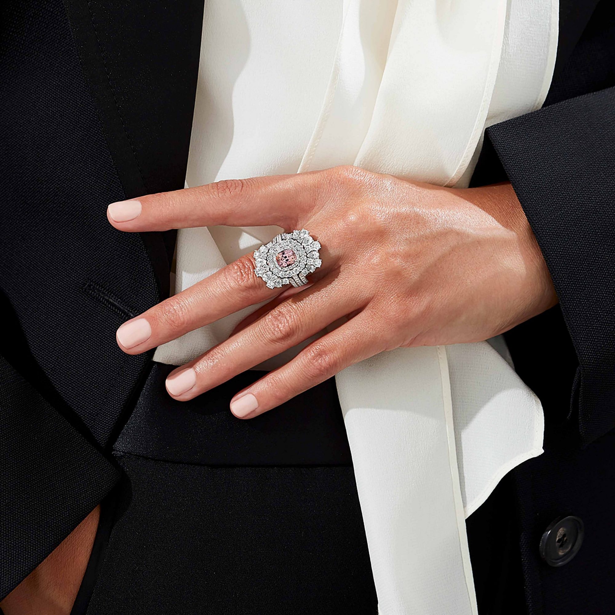 Garrard Jewelled Vault 2.48ct Cushion Cut Padparadscha Sapphire Jacket Ring In 18ct White Gold with Diamonds 2017374 On Model