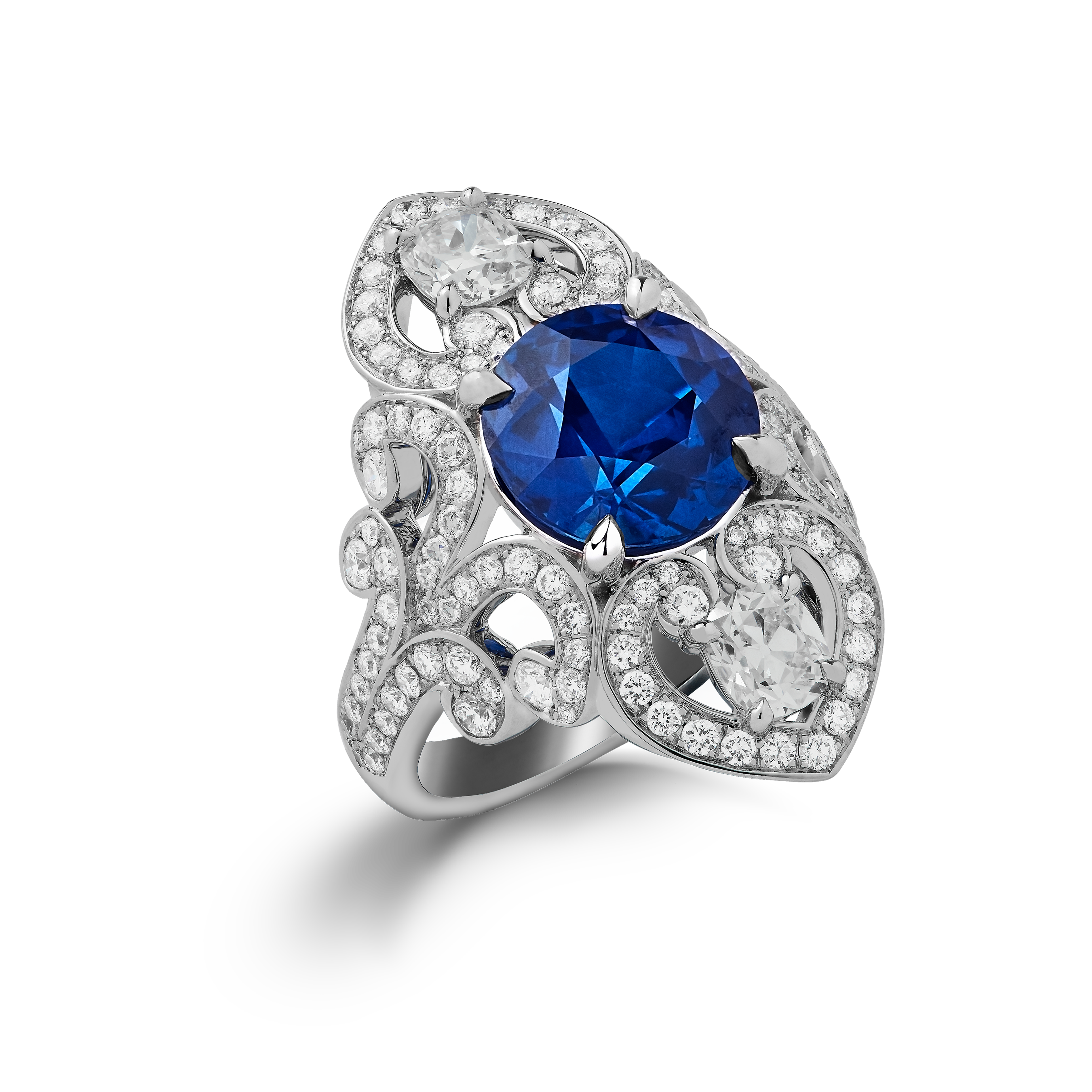 Garrard Jewelled Vault 4.74ct Round Royal Blue Sapphire Ring In 18ct White Gold with Diamonds 2015976 Hero Garrard Jewelled Vault 4.74ct Round Royal Blue Sapphire Ring In 18ct White Gold with Diamonds 2015976 Hero