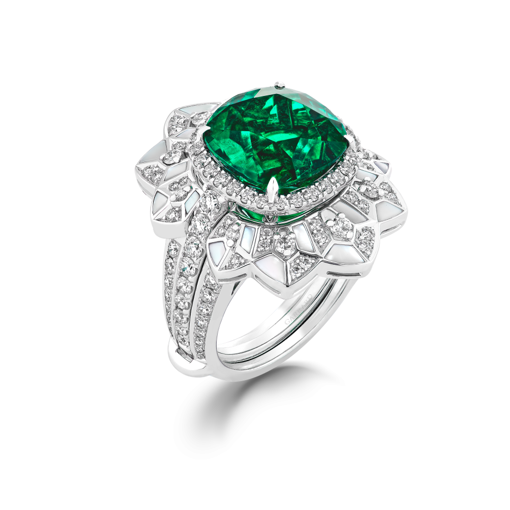 Garrard Jewelled Vault 6.67ct Cushion Cut Colombian Emerald Jacket ring In 18ct White Gold with Diamonds and Mother of Pearl 2017529 Hero